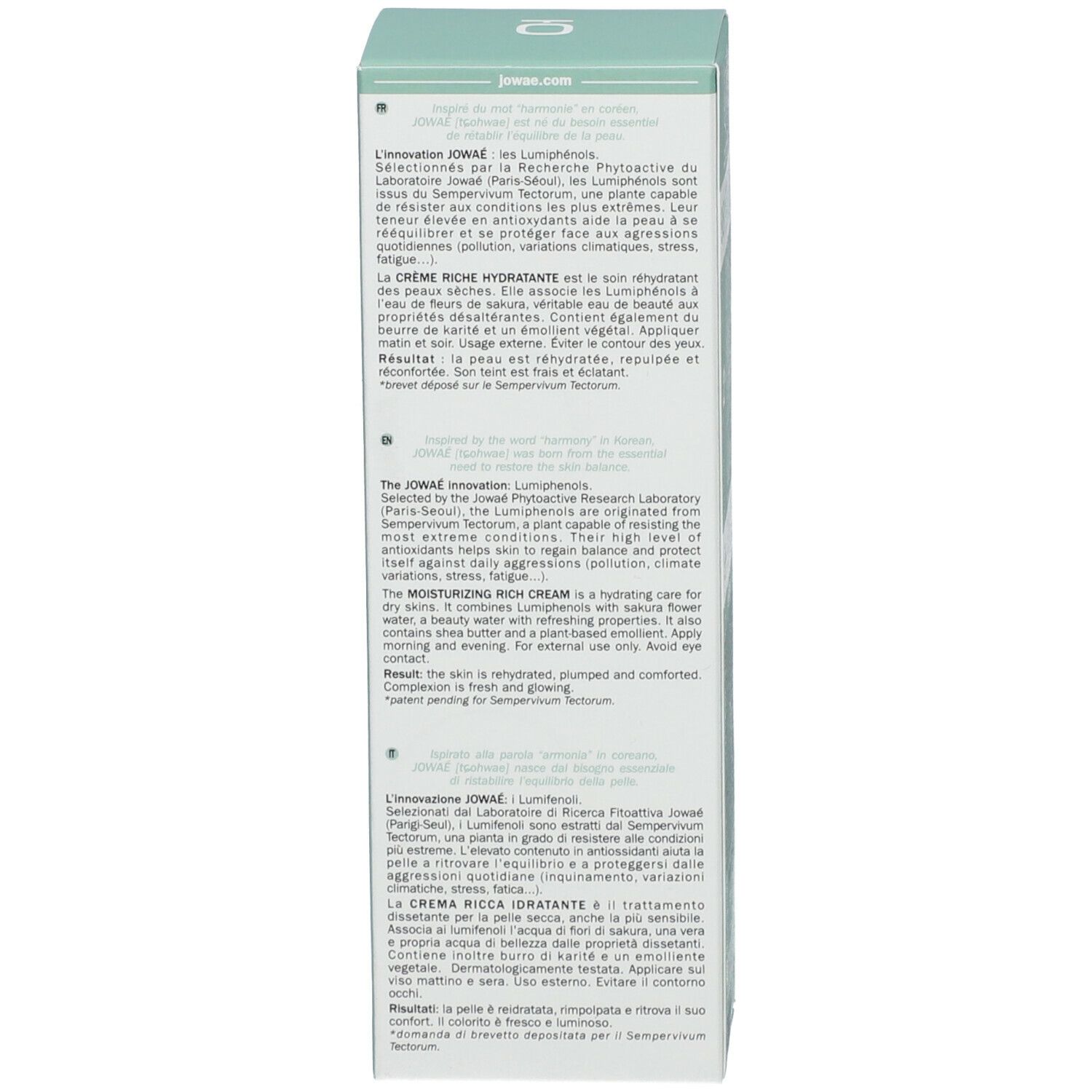 Boîte, côté. Texte multilingue. Informations sur la description et l'utilisation du produit.
