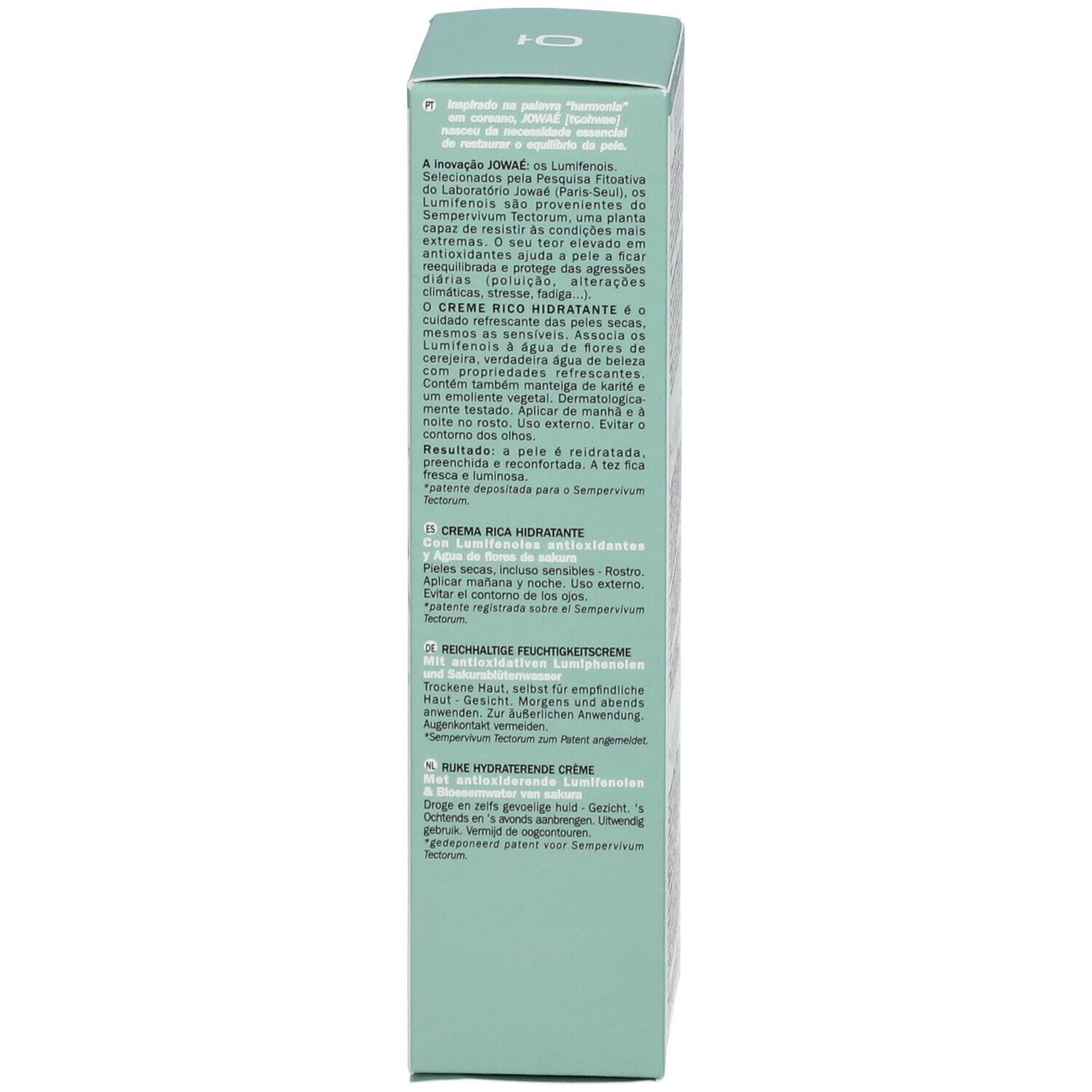 Boîte, côté. Texte multilingue. Informations sur la description et l'utilisation du produit.