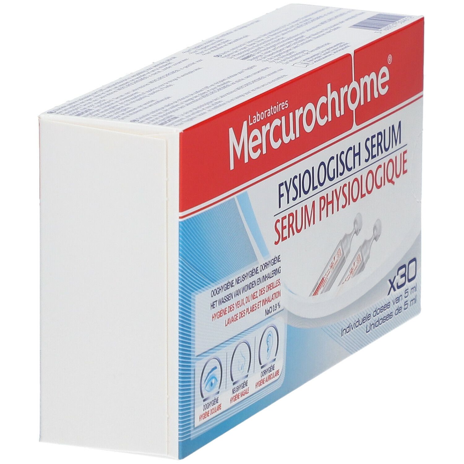 Vue oblique de l'emballage du sérum Mercurochrome. Boîte rouge et blanche avec informations sur le produit.