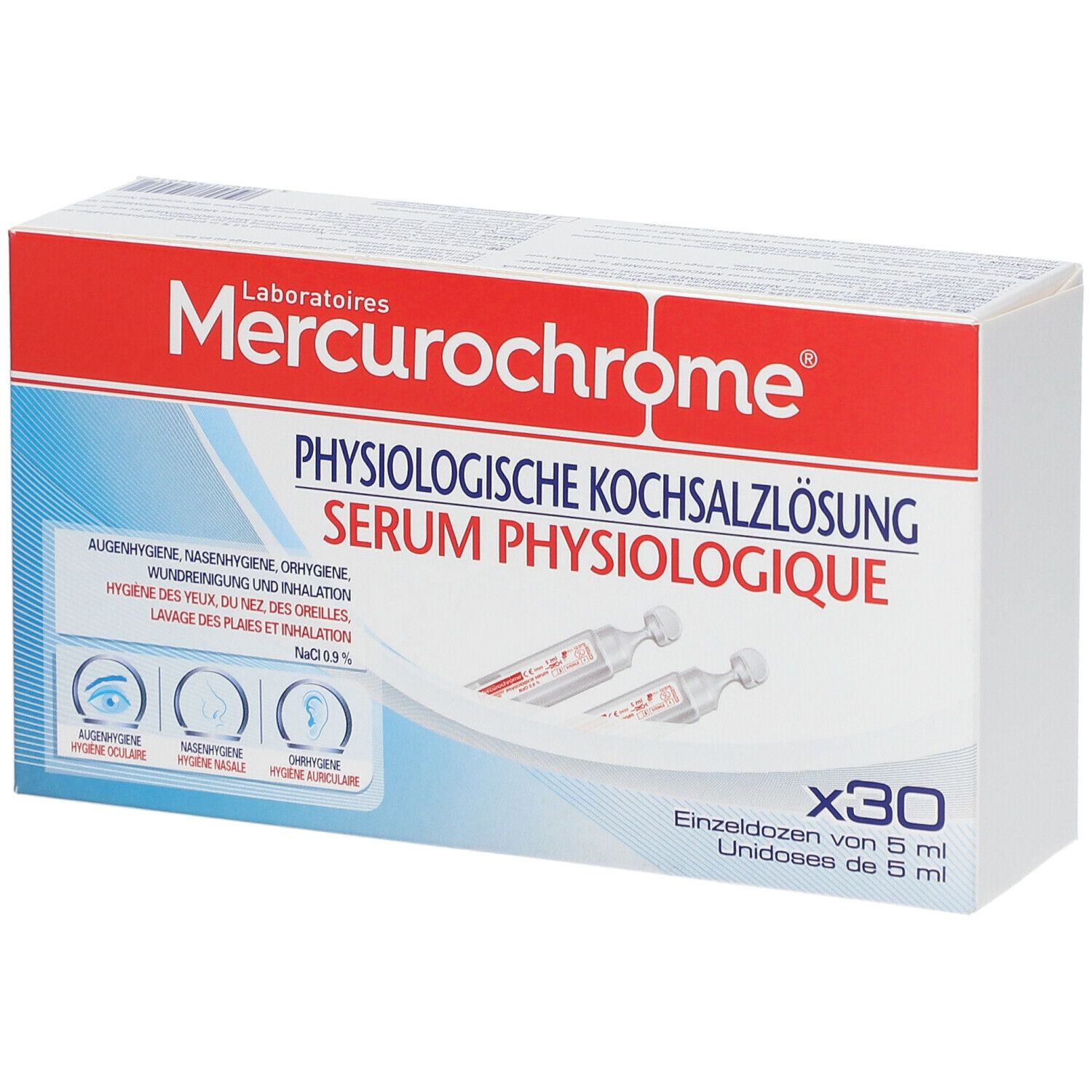 Emballage Mercurochrome avec solution saline. Boîte rouge et blanche avec nom et indications.