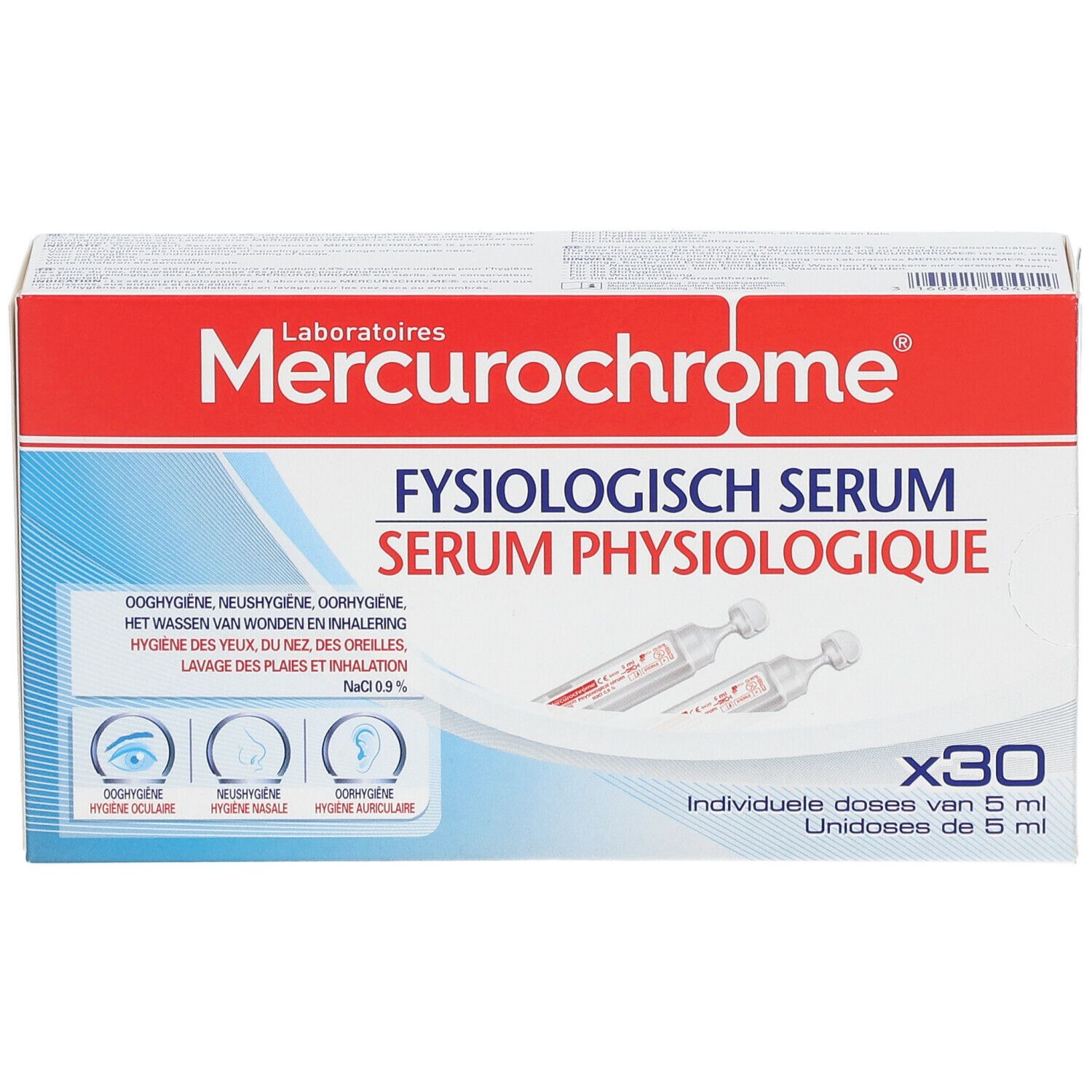 Emballage Mercurochrome avec sérum. Boîte rouge et blanche avec nom et indications.