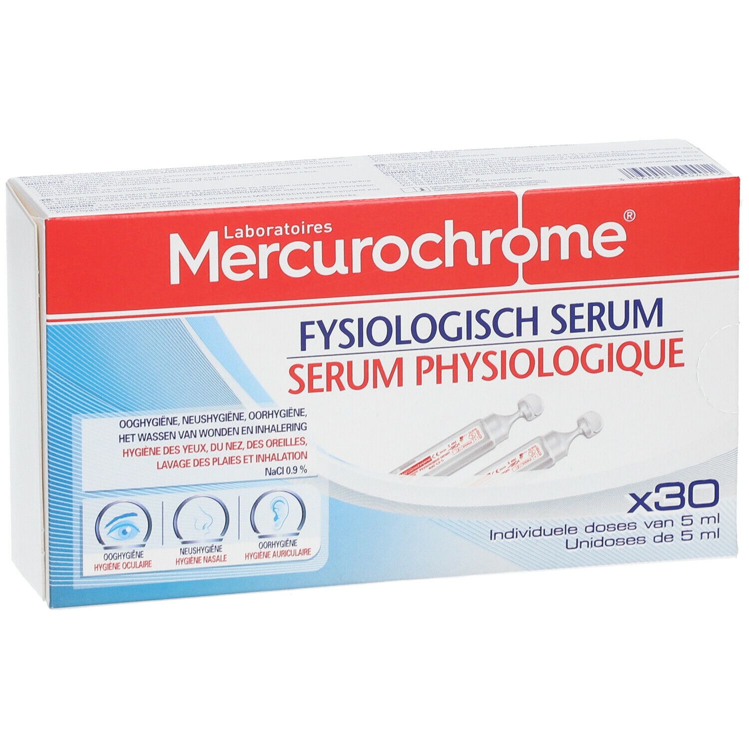 Emballage Mercurochrome avec sérum. Boîte rouge et blanche avec nom et indications.
