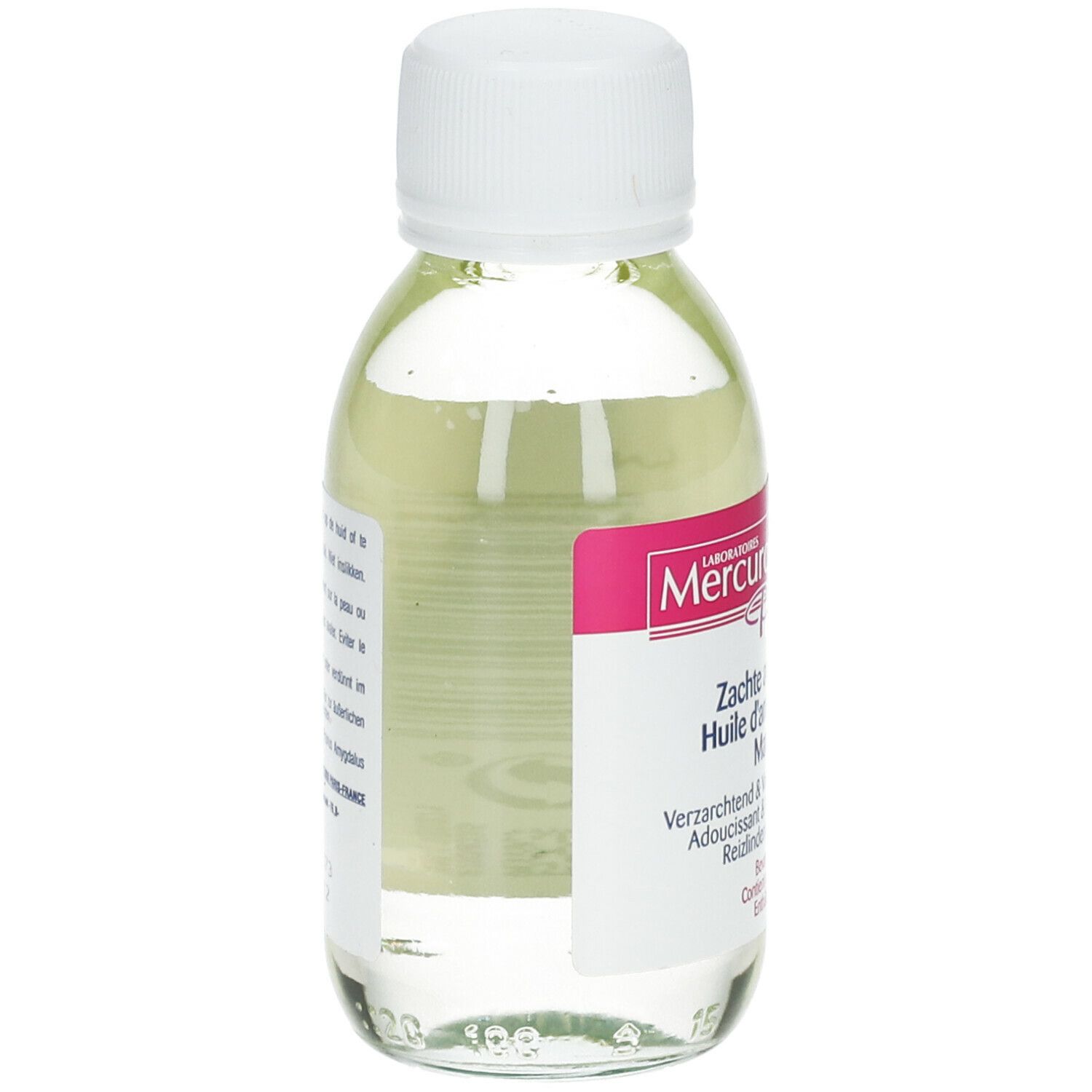 Rückansicht einer transparenten Glasflasche mit weißem Deckel. Text in mehreren Sprachen auf dem Etikett.