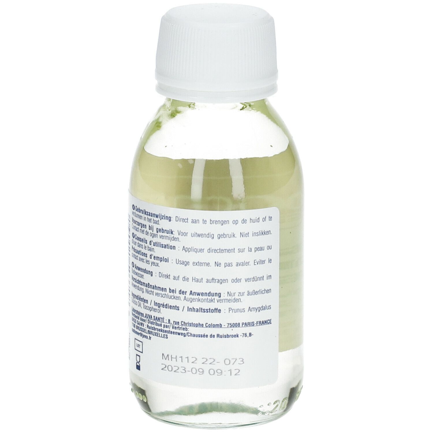 Rückansicht einer Glasflasche mit weißem Deckel. Etikett mit Text in mehreren Sprachen und Produktionsinformationen.