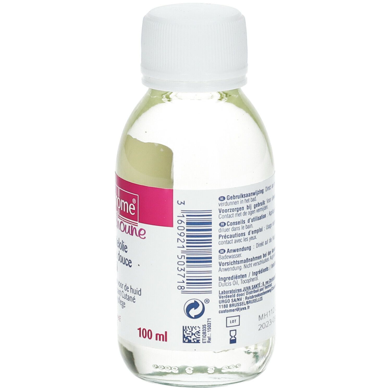 Rückansicht einer Glasflasche mit weißem Deckel. Etikett mit Produktnamen und Text in mehreren Sprachen.