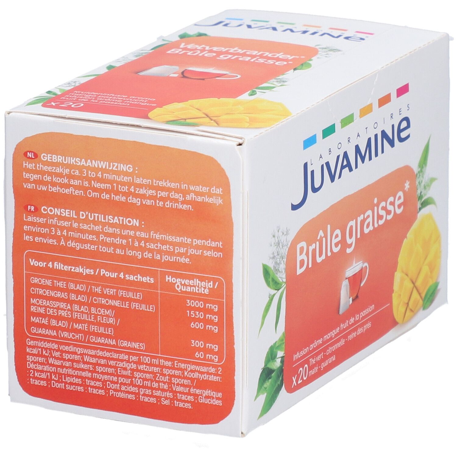 Boîte blanche avec nom du produit et illustration de mangue. Texte: Vetverbrander, infusion aromatisée, mangue fruit de la passion. X20. Mode d'emploi.