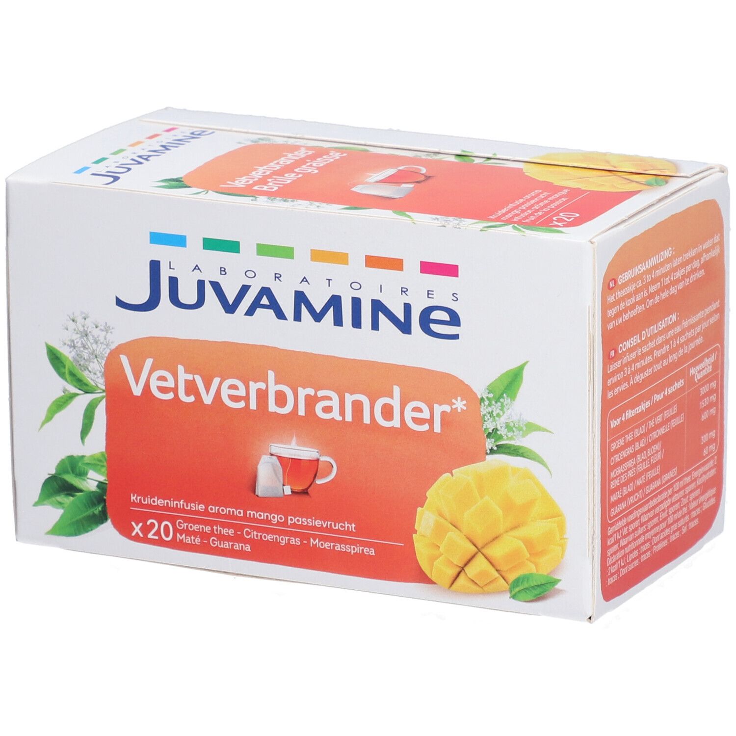 Boîte blanche avec nom du produit et illustration de mangue. Texte: Vetverbrander, infusion aromatisée, mangue fruit de la passion. X20.