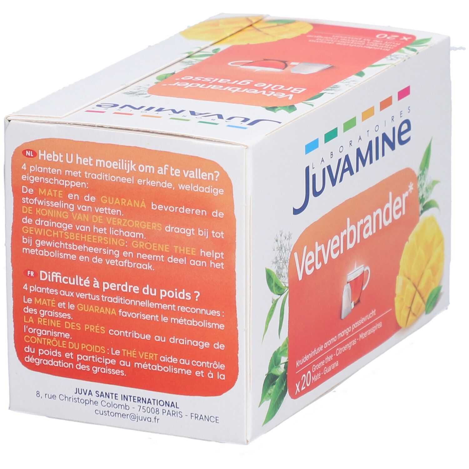 Boîte blanche avec nom du produit et illustration de mangue. Texte: Vetverbrander, infusion aromatisée, mangue fruit de la passion. X20. Informations.
