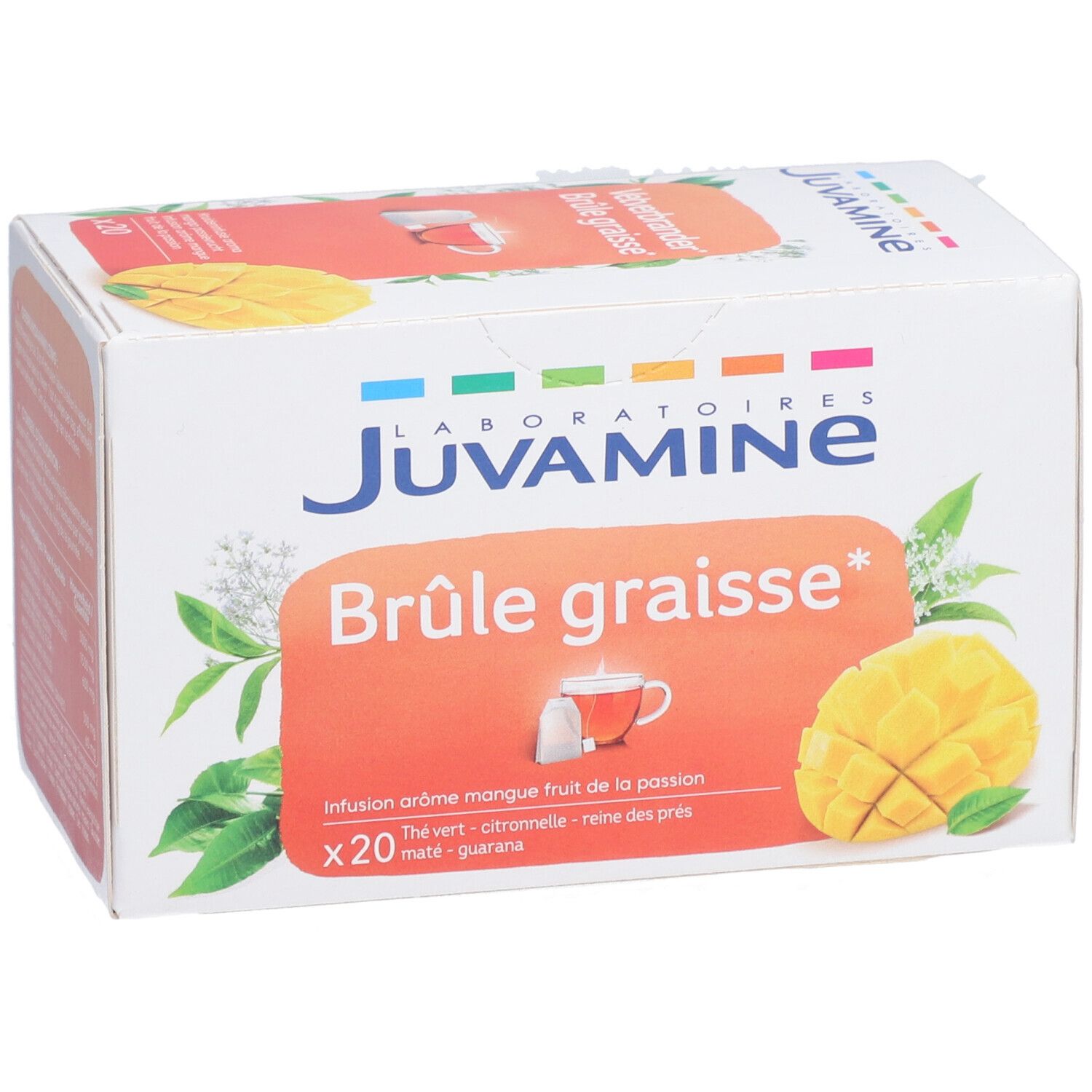 Boîte blanche avec nom du produit et illustration de mangue. Texte: Brûle graisse, Infusion aromé mangue fruit de la passion. X20.