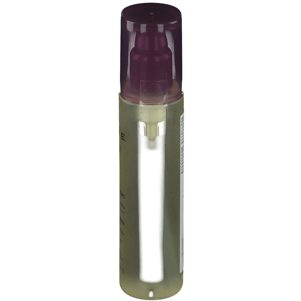 Flacon cylindrique avec pompe et capuchon transparent. Étiquette avec texte. Produit de soin corporel.