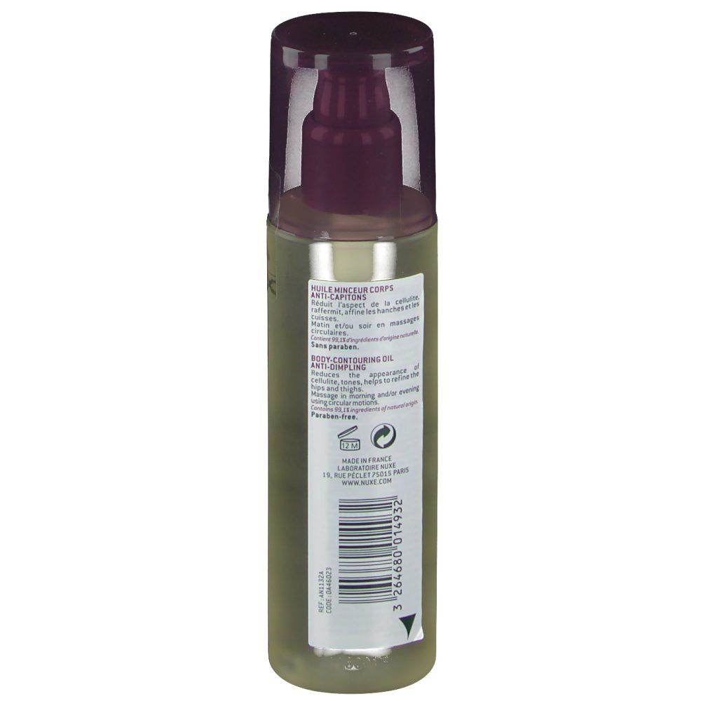 Dos d'un flacon cylindrique avec pompe. Étiquette avec texte. Produit de soin corporel.