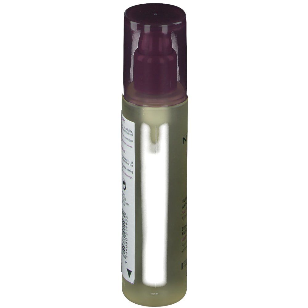 Flacon cylindrique avec pompe et capuchon transparent. Étiquette avec texte. Produit de soin corporel.