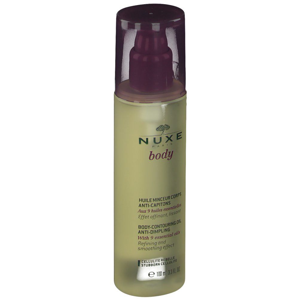 Flacon cylindrique avec pompe. Inscription Nuxe Body. Produit de soin corporel.