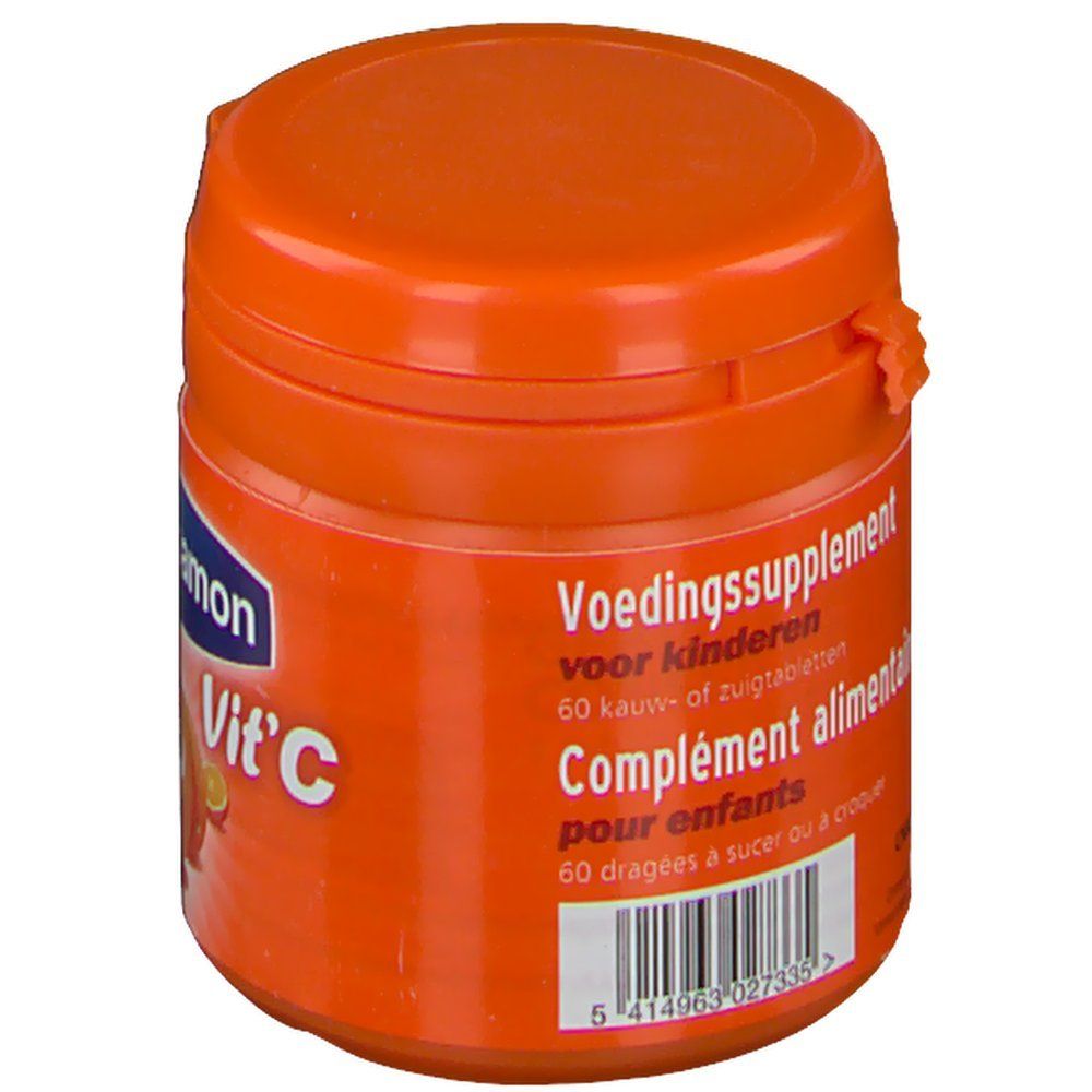Oranje pot met Davitamon Vit'C. Tekst: Voedingssupplement voor kinderen. 60 kauw- of zuigtabletten. Complément alimentaire pour enfants.