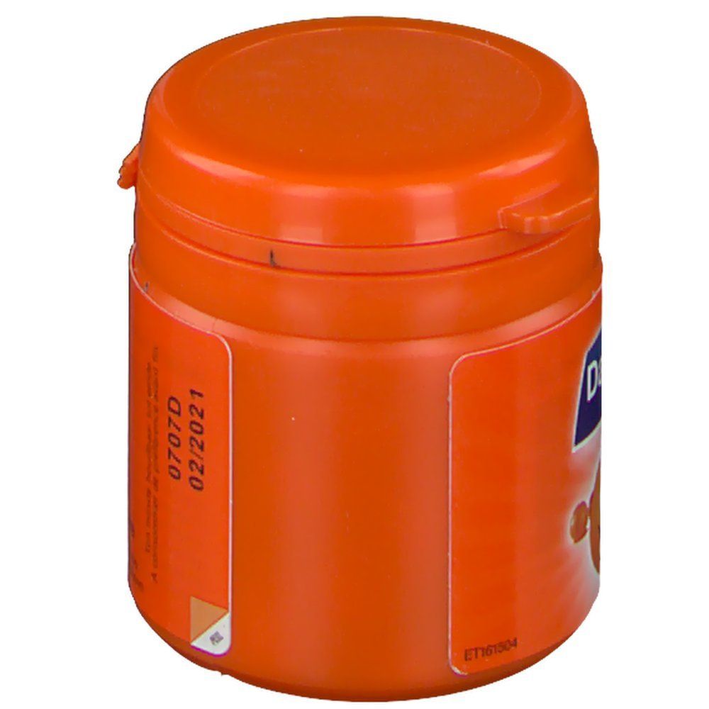 Oranje pot met houdbaarheidsdatum 0707D 02/2021. Opschrift: CNK: 3696-119. Omega Pharma Belgium NV. Adres.