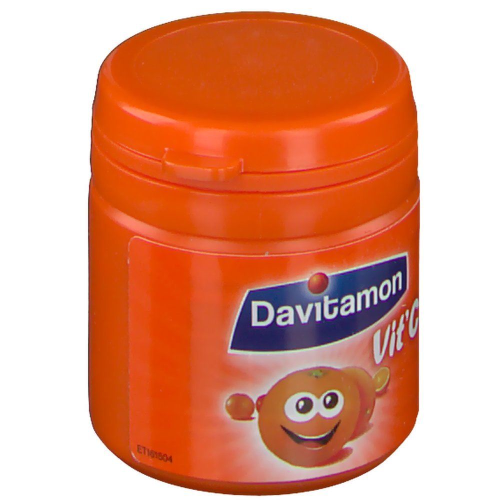 Oranje pot met opschrift Davitamon Vit'C. Logo: Sinaasappel met gezicht. Opschrift: ET10504.