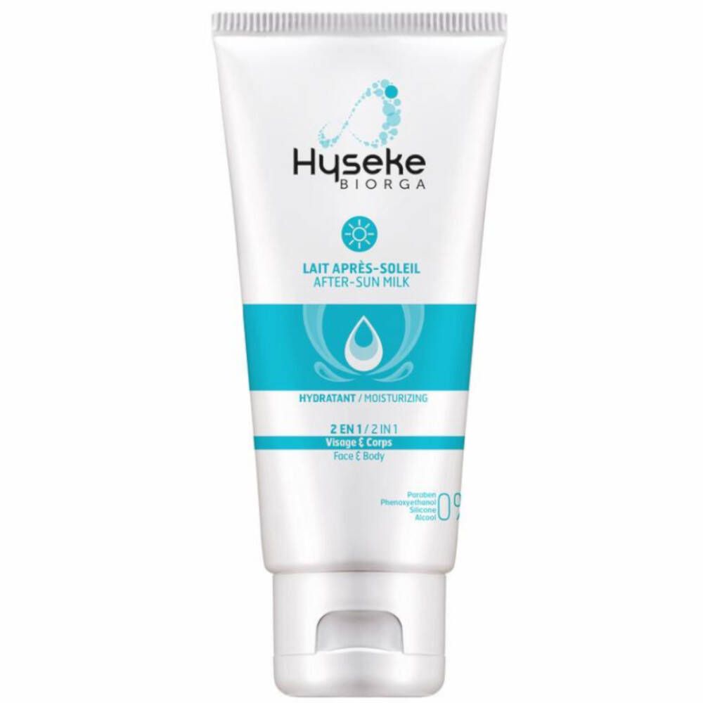 Tube blanc avec bande bleue. Texte: Hyseke Biorga, Lait Après-Soleil, After-Sun Milk, Hydratant/Moisturizing, 2 en 1/2 in 1, Visage & Corps.