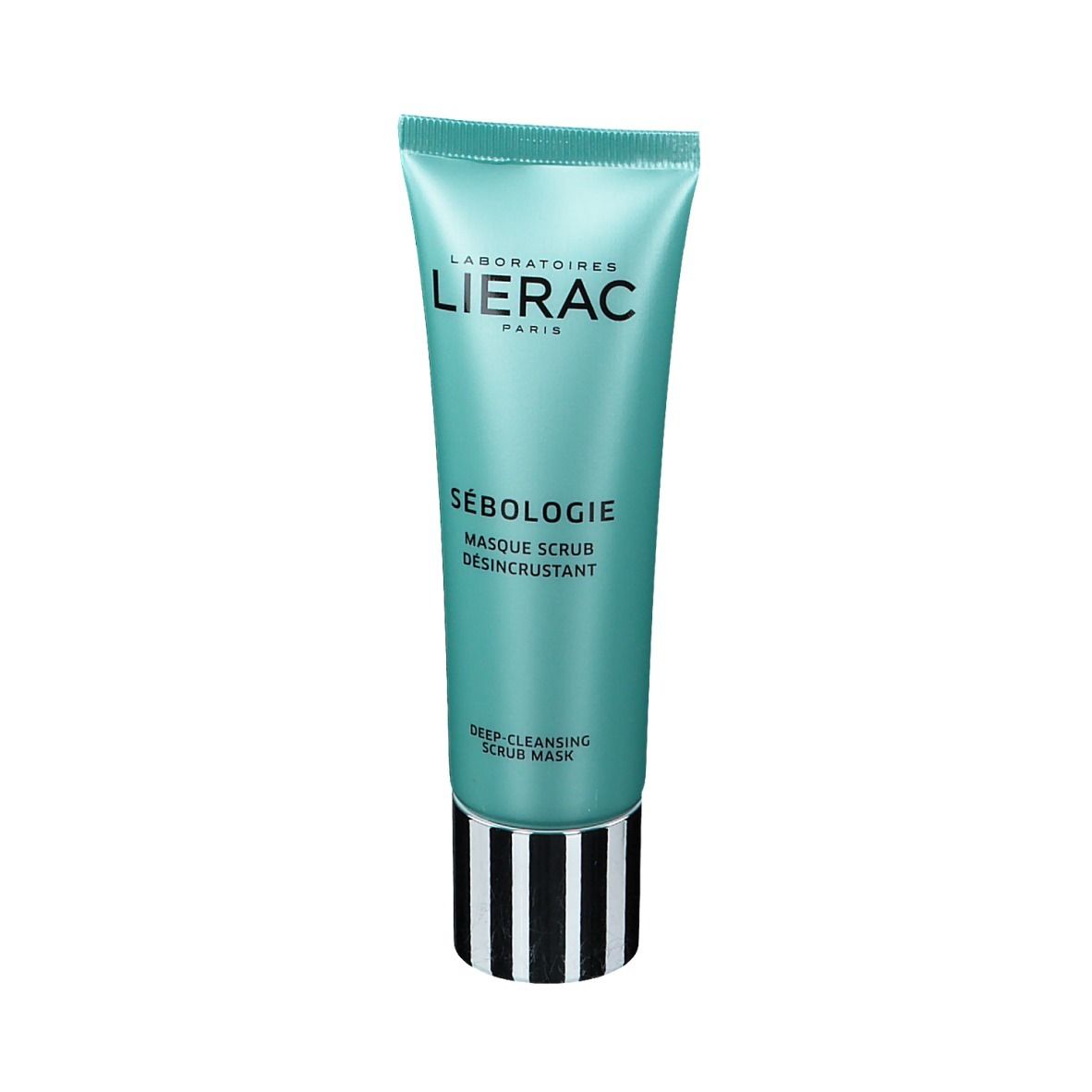Tube turquoise avec rayures noires et blanches à la base. Inscriptions: LIERAC, SÉBOLOGIE, Masque Scrub Desincrustant.