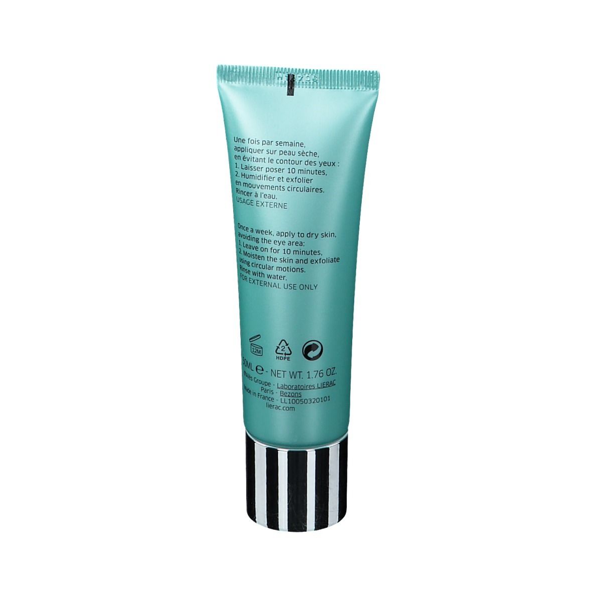 Dos du tube turquoise. Texte multilingue. Informations sur l'utilisation et les ingrédients.
