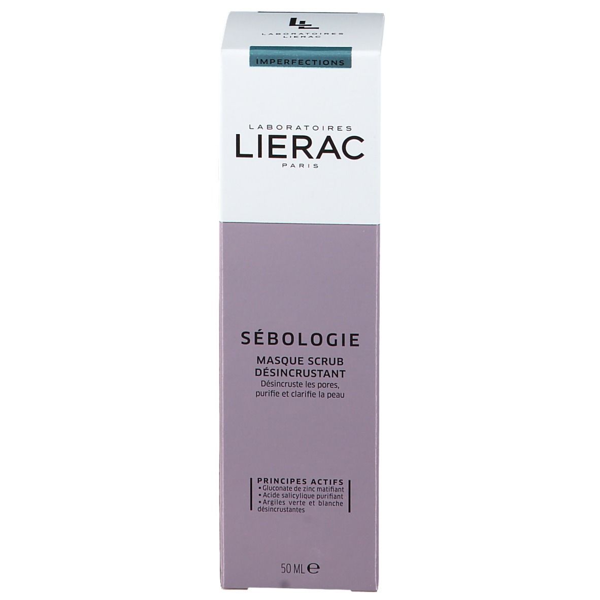 Emballage carton. Inscriptions: LIERAC, SÉBOLOGIE, Masque Scrub Desincrustant. Ingrédients et volume: 50 ml.