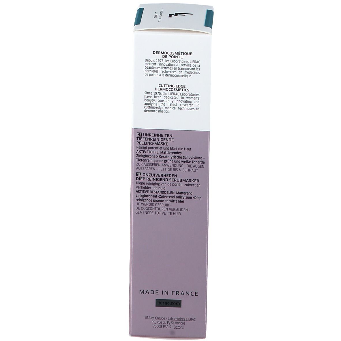 Dos de l'emballage carton. Texte multilingue. Informations sur la marque et l'utilisation.