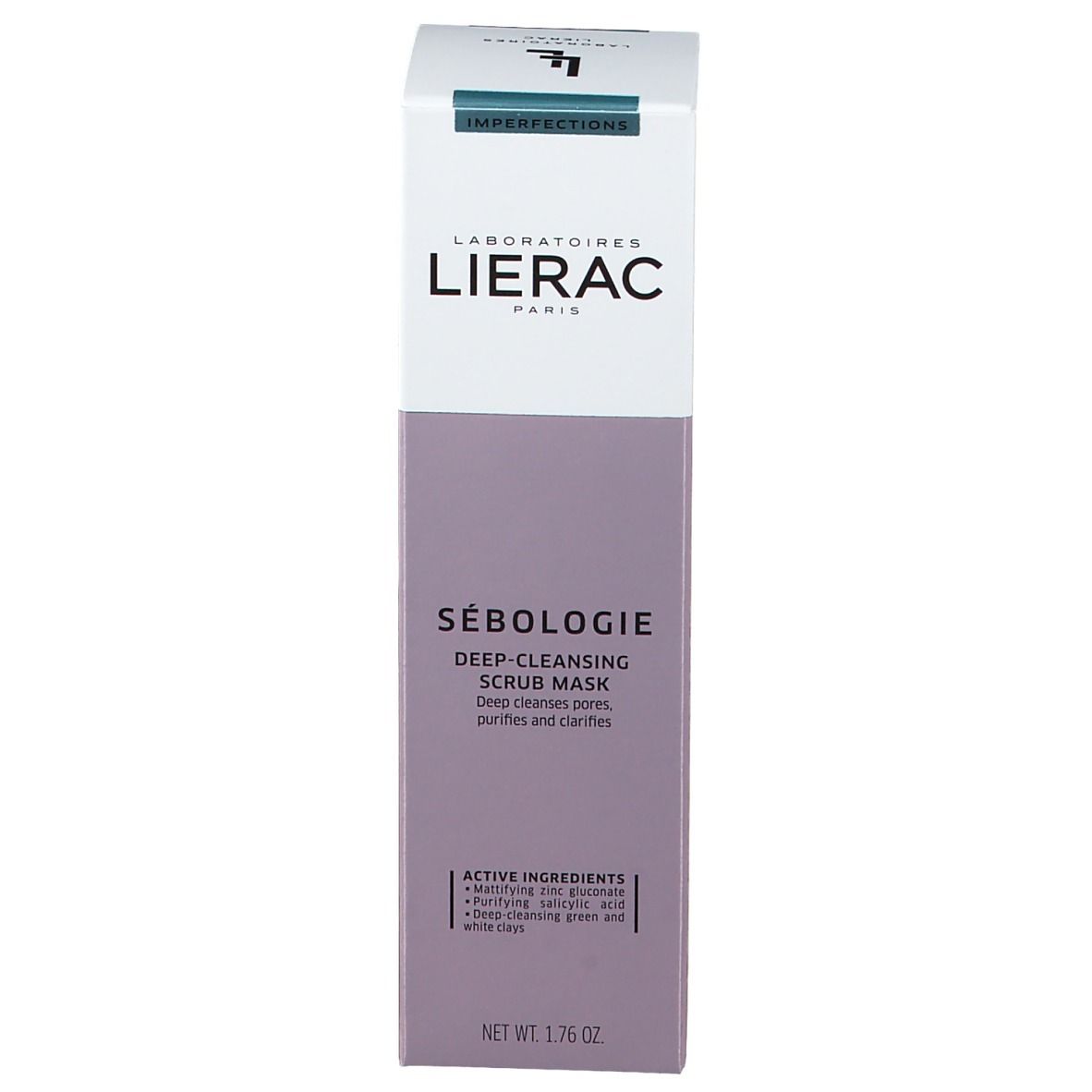 Face avant de l'emballage carton. Inscriptions: LIERAC, SÉBOLOGIE, Masque Scrub Desincrustant. Ingrédients et volume.