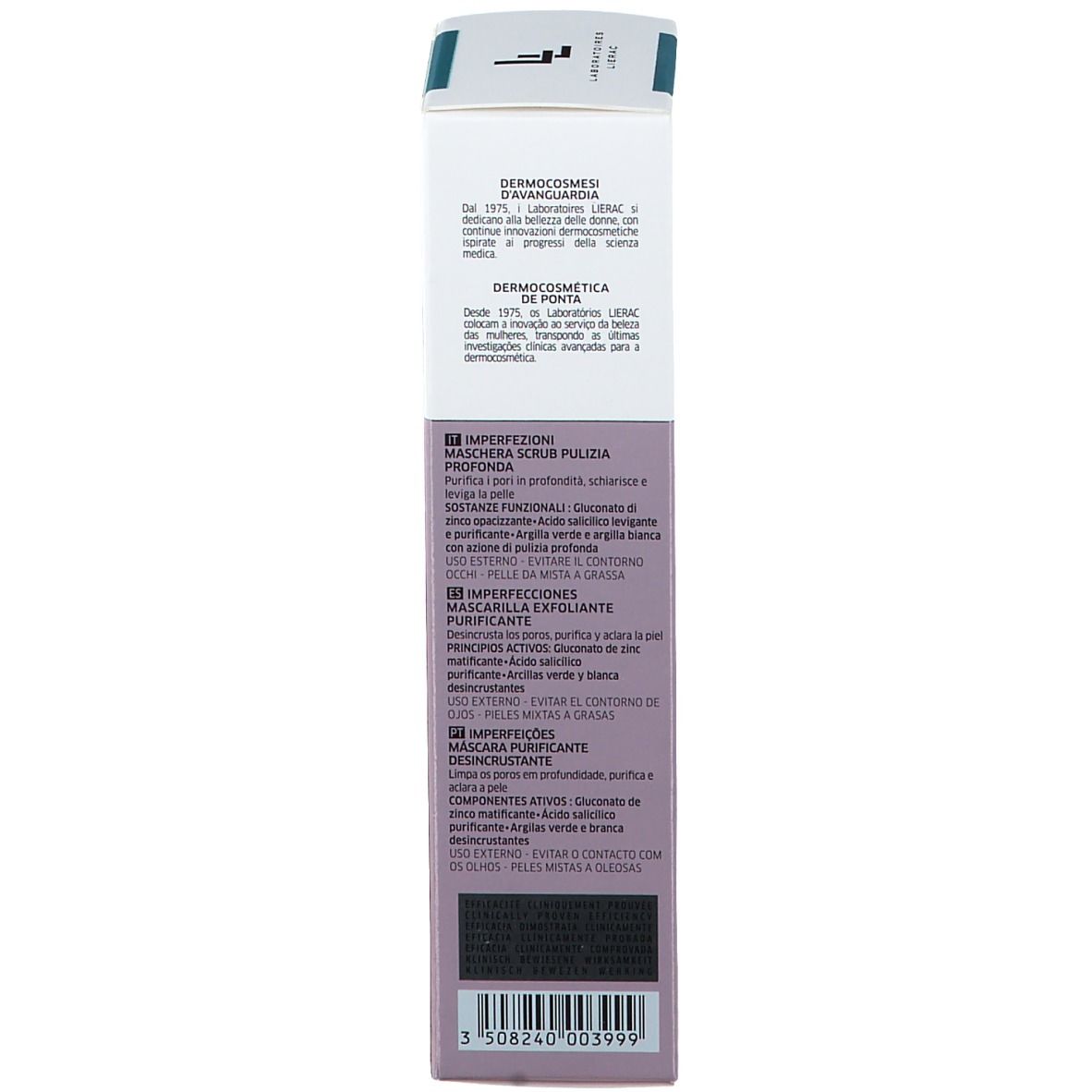 Dos de l'emballage carton. Texte multilingue. Informations sur la marque et l'utilisation.