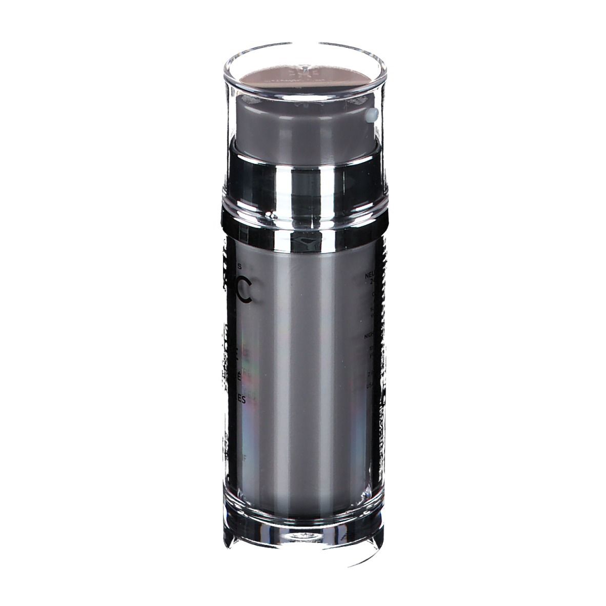 Doppelkonzentrat-Flasche. LIERAC Rosilogie, neutralisiert Rötungen. Zwei Kammern, rosa und grau. Transparenter Deckel.