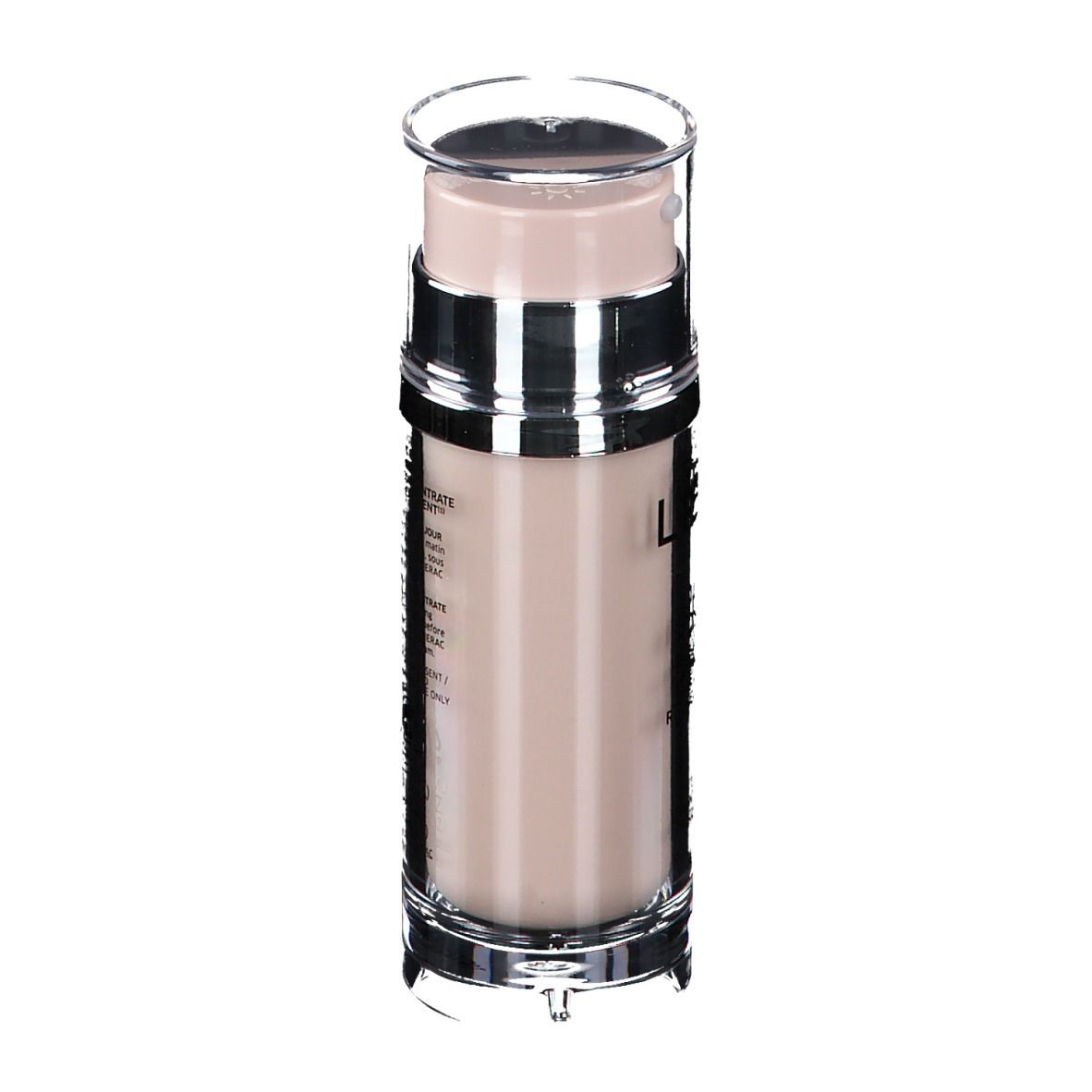 Flasche mit rosa Flüssigkeit. Transparenter Deckel. LIERAC Rosilogie, neutralisiert Rötungen. Seitliche Ansicht.