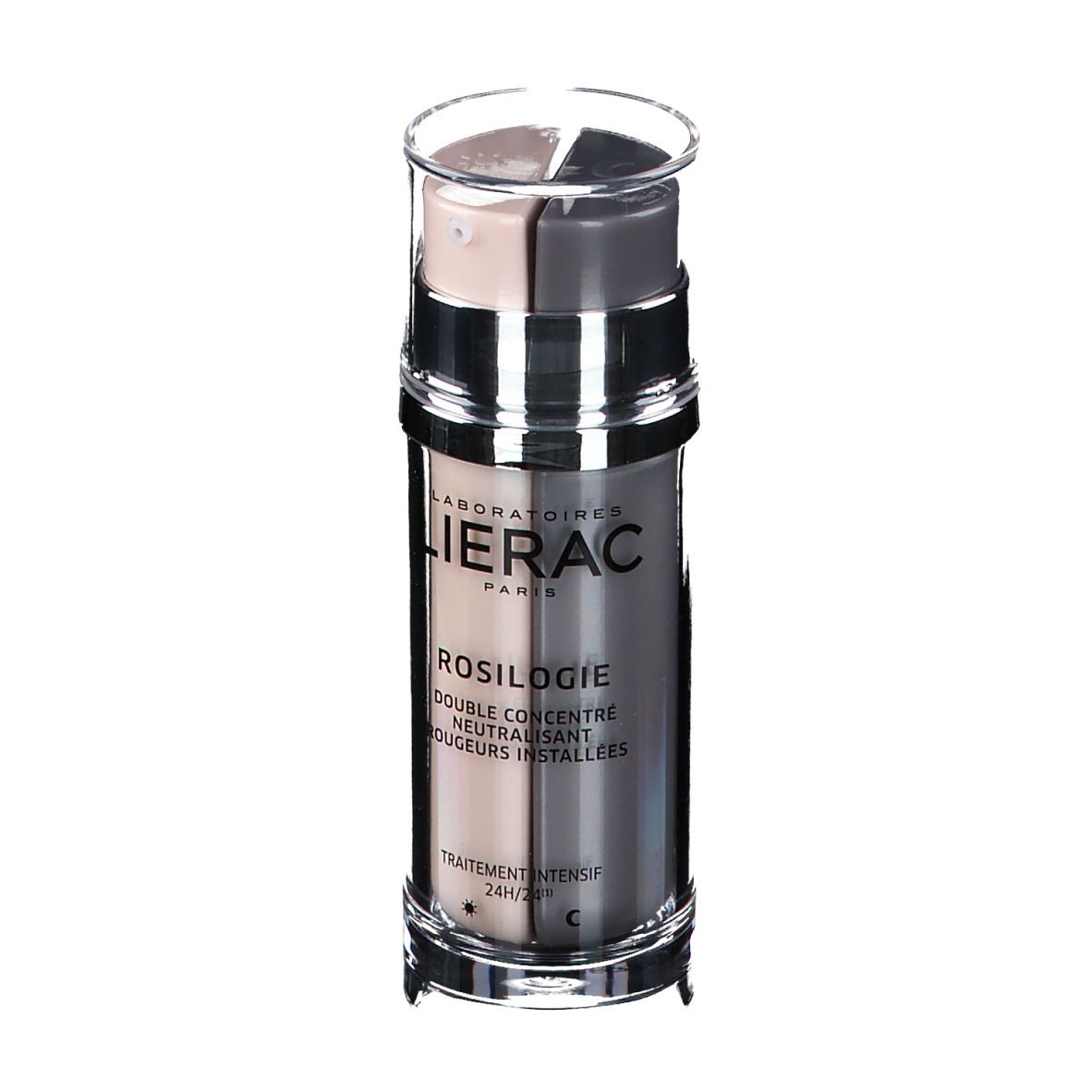 Doppelkonzentrat-Flasche. LIERAC Rosilogie, neutralisiert Rötungen. Zwei Kammern, rosa und grau. Transparenter Deckel.