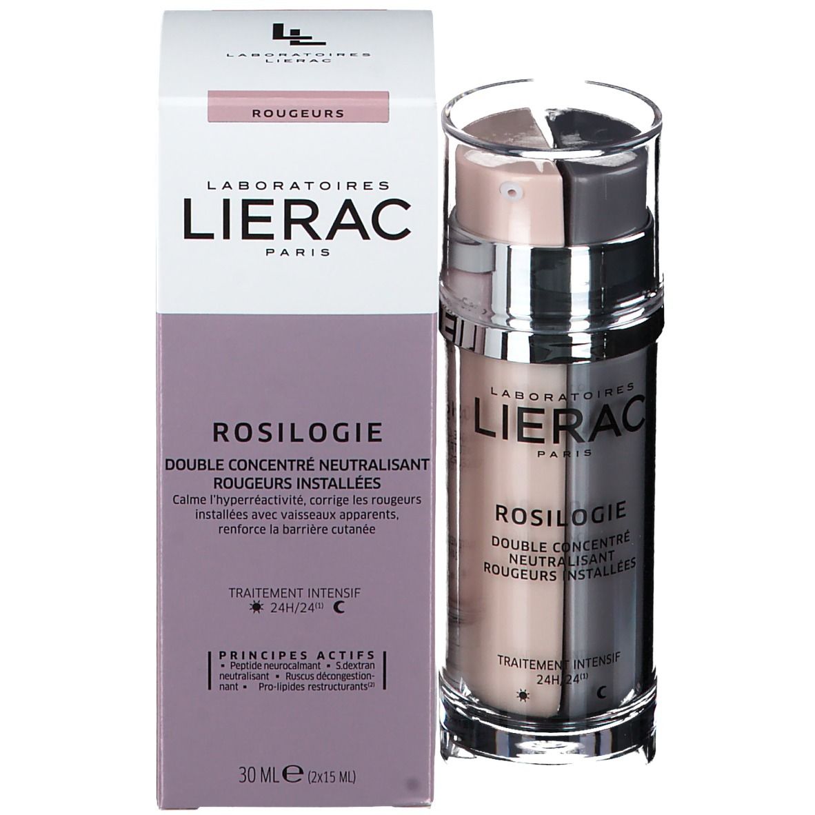 Produktverpackung. LIERAC Rosilogie, Doppelkonzentrat. Flasche und Karton. Rosa und weiß. Text.