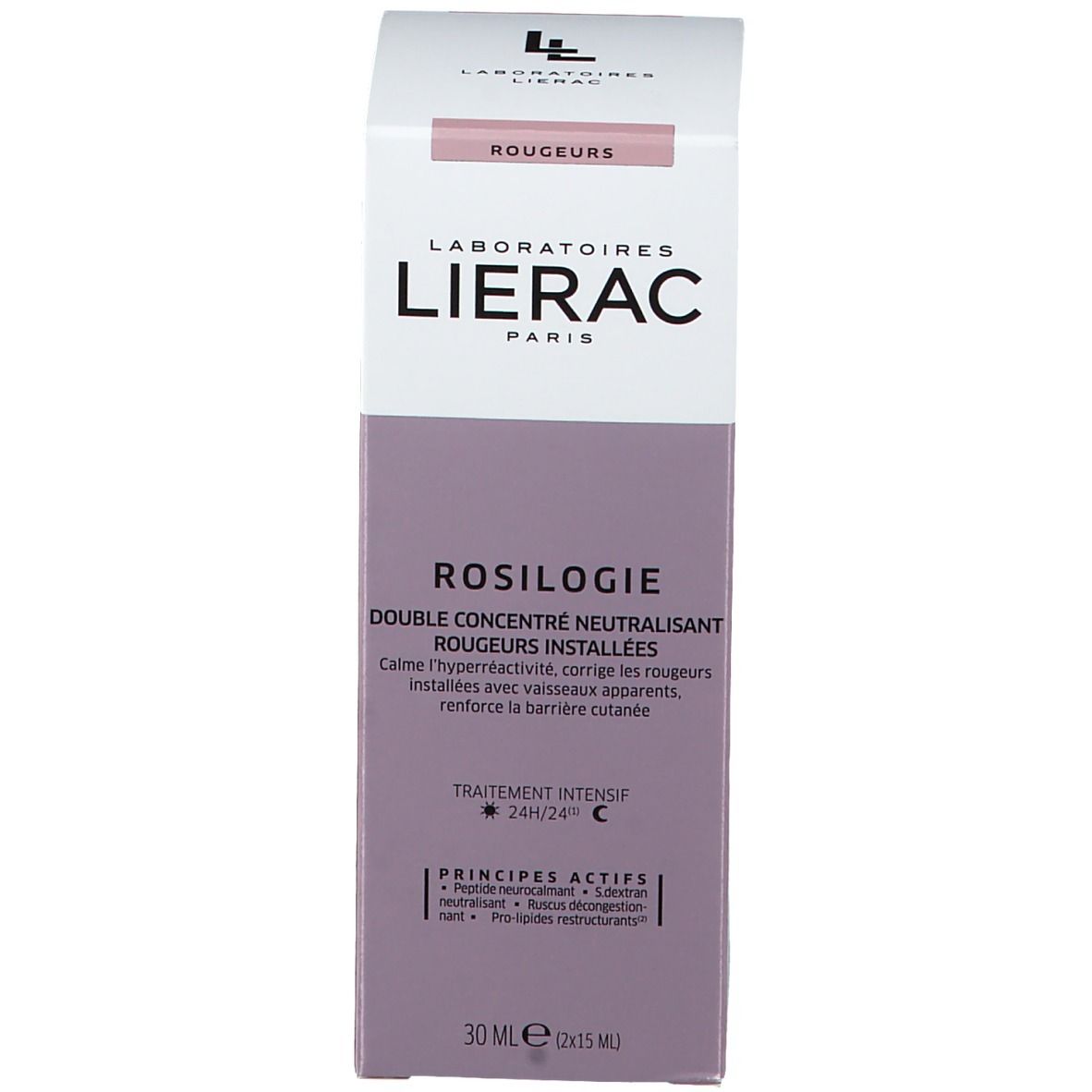 Produktverpackung. LIERAC Rosilogie, Doppelkonzentrat. Karton. Rosa und weiß. Text.