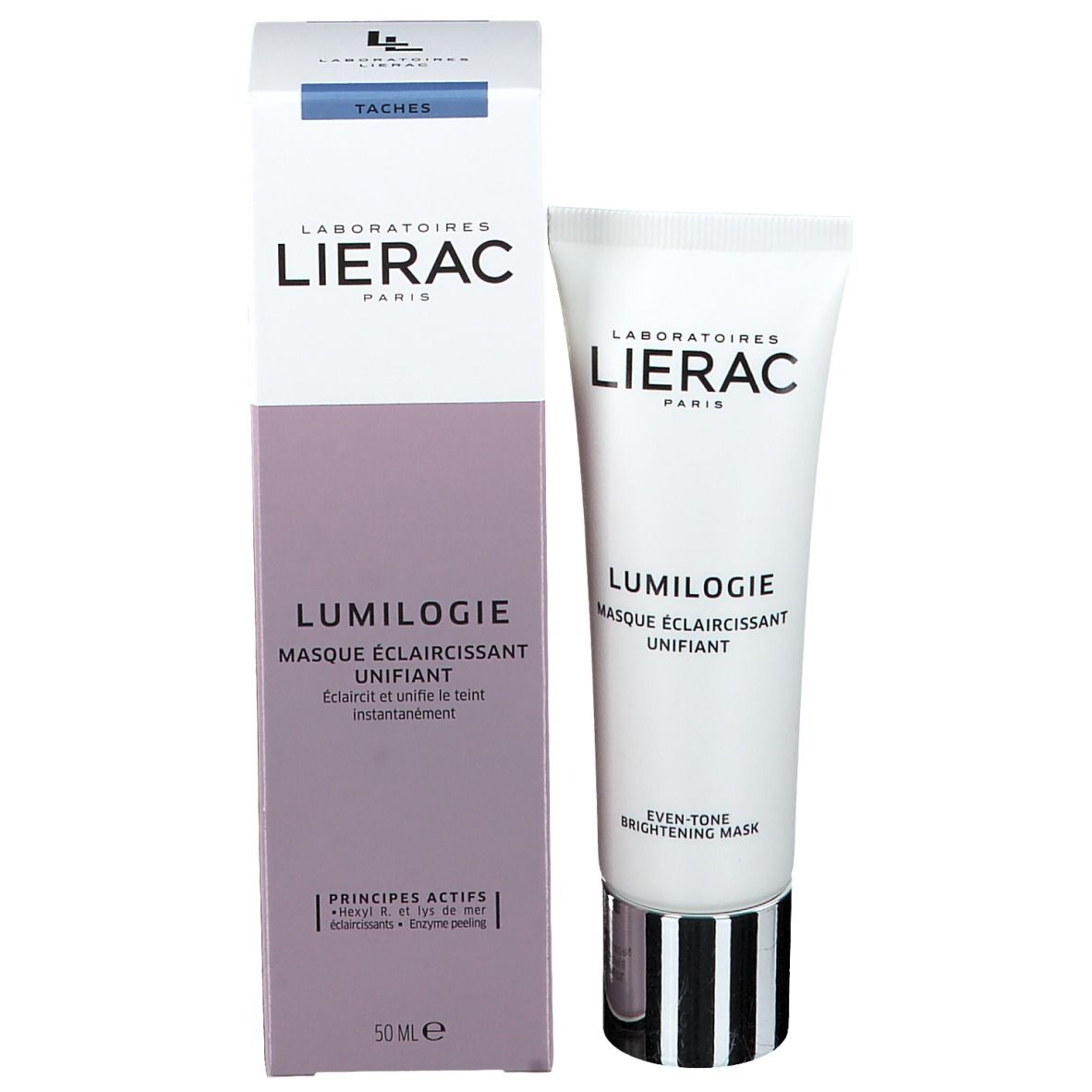 Emballage produit avec tube. Emballage: blanc, violet. Tube: blanc, rayures noires. Texte: LIERAC, LUMILOGIE.