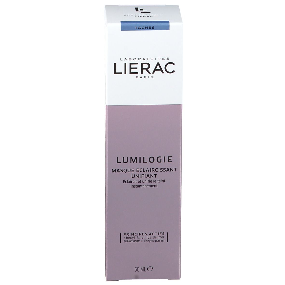 Emballage du produit. Blanc, violet. Texte: LIERAC, LUMILOGIE, Masque Eclaircissant Unifiant. Ingrédients.