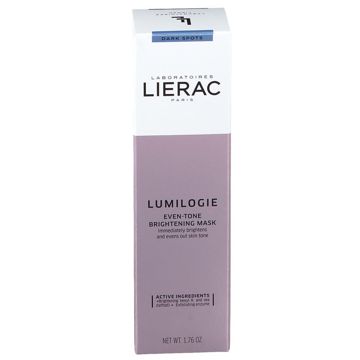 Emballage du produit. Blanc, violet. Texte: LIERAC, LUMILOGIE, Even-Tone Brightening Mask. Ingrédients.