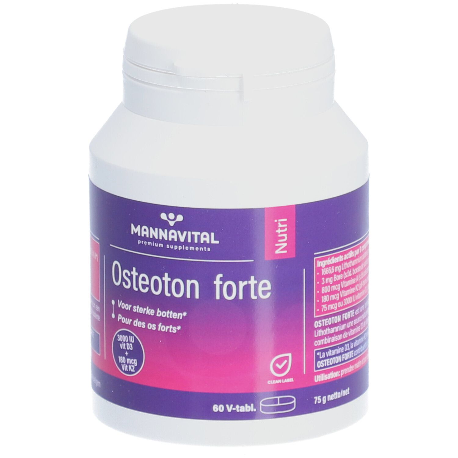 Witte fles met paars etiket. Opschrift: MannaVital Osteoton forte. Bevat vitamine D3 en K2. 60 tabletten.