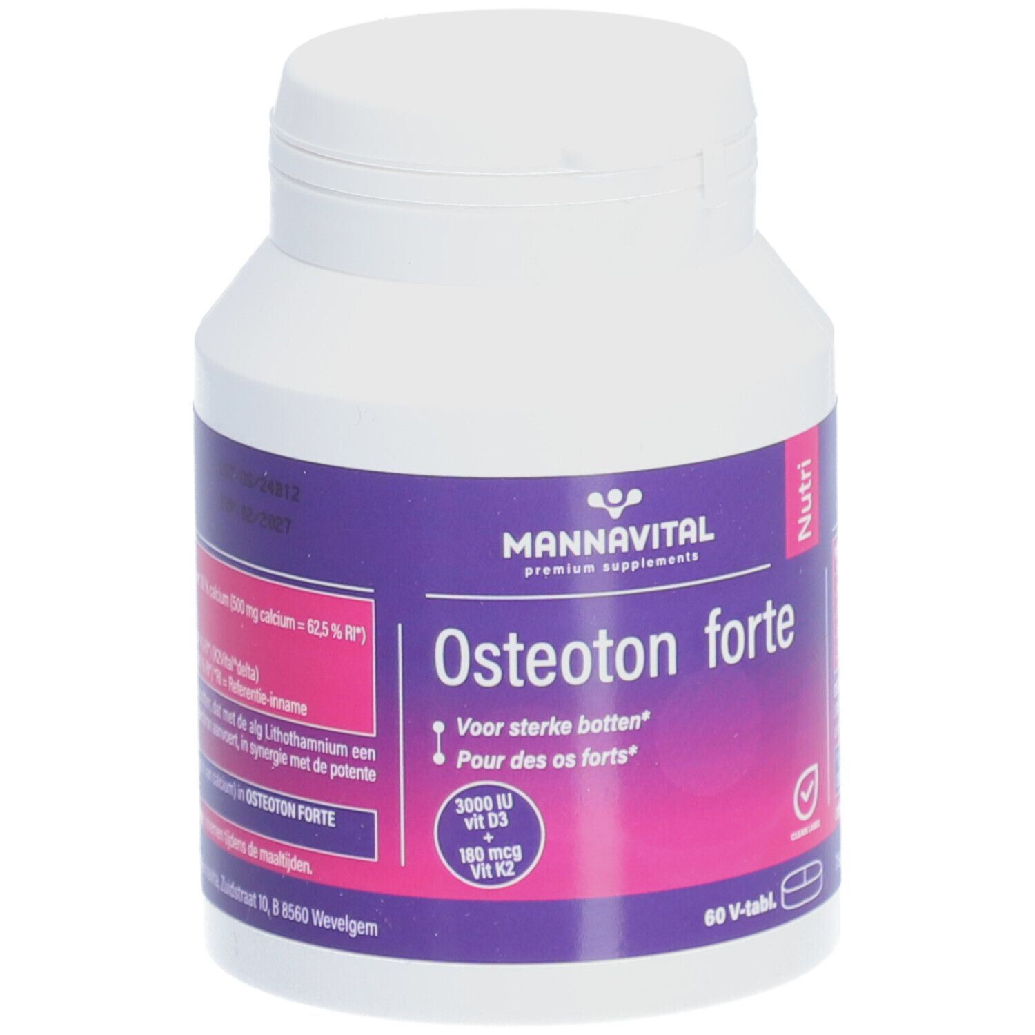 Witte fles met paars etiket. Opschrift: MannaVital Osteoton forte. Bevat vitamine D3 en K2. 60 tabletten.