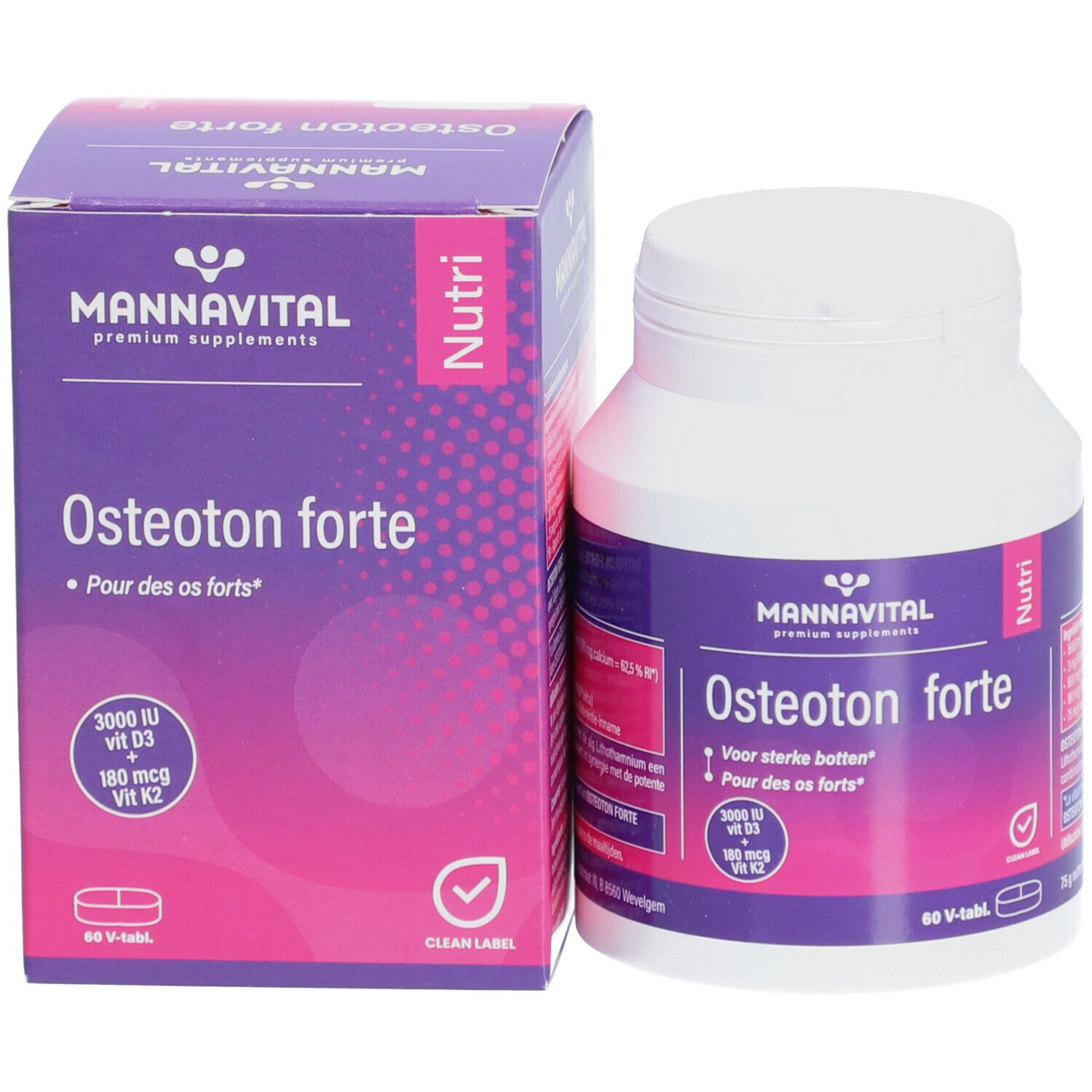 Productverpakking en fles. Opschrift: MannaVital Osteoton forte. Bevat vitamine D3 en K2. 60 tabletten.