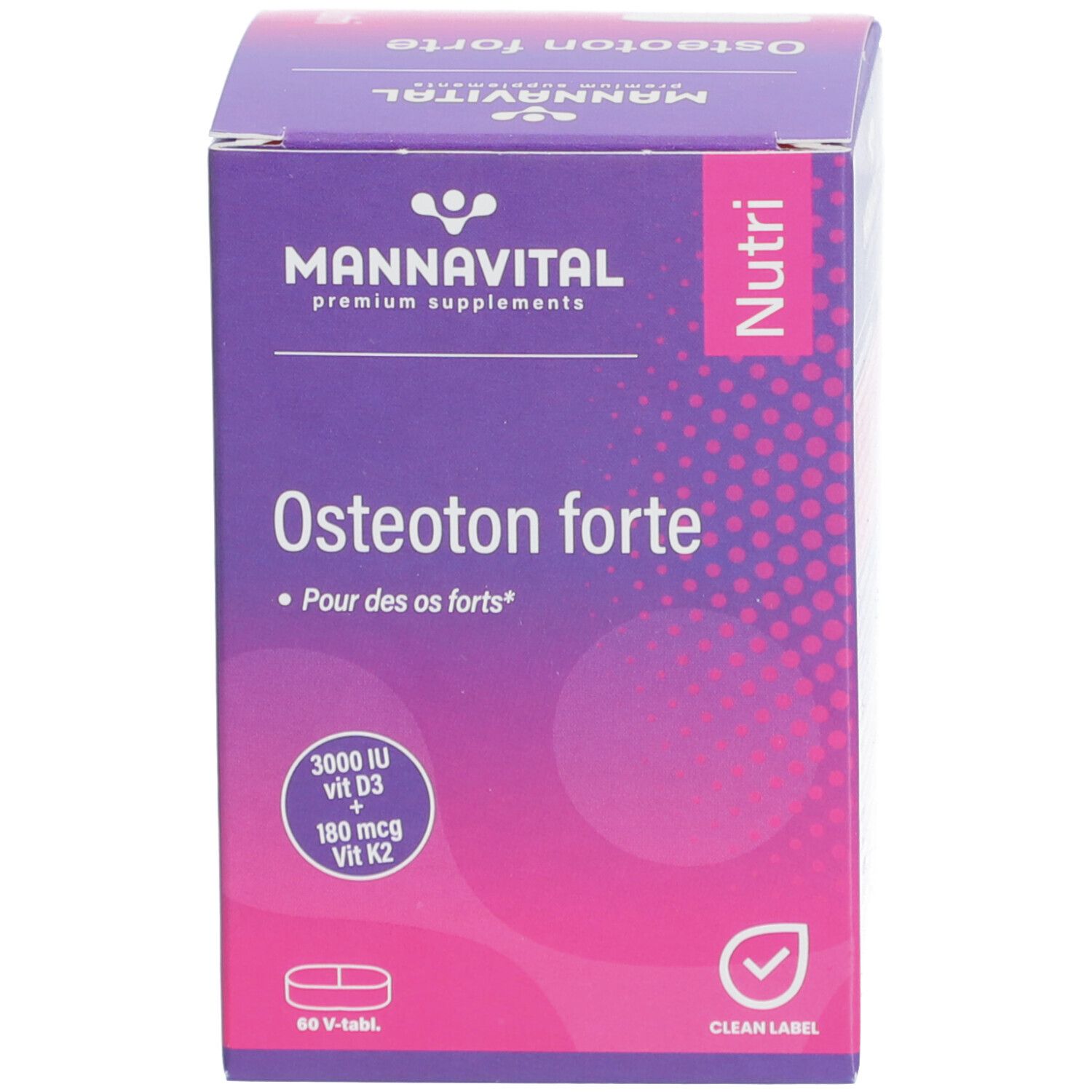 Productverpakking. Opschrift: MannaVital Osteoton forte. Bevat vitamine D3 en K2. 60 tabletten.