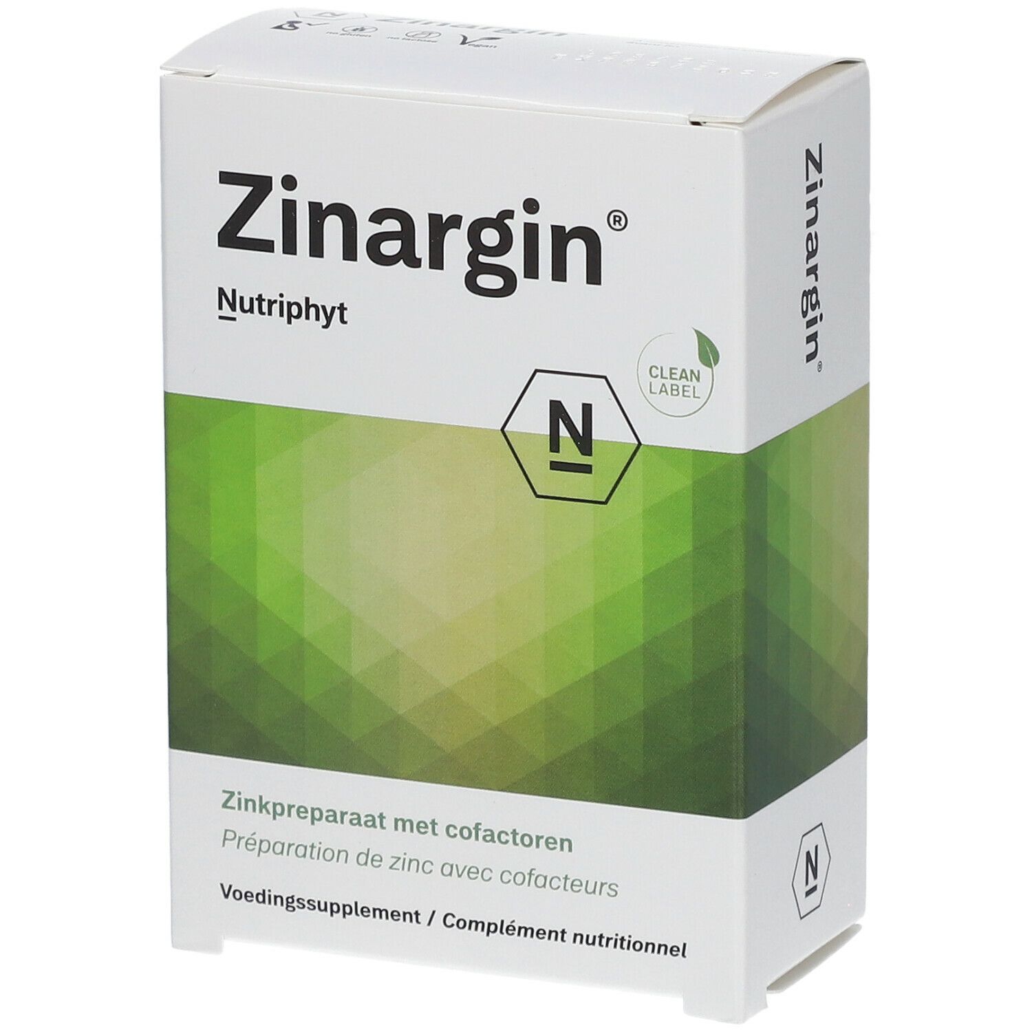 Witte doos met "Zinargin" en "Nutriphyt". Groen-witte achtergrond. "Clean Label" logo.