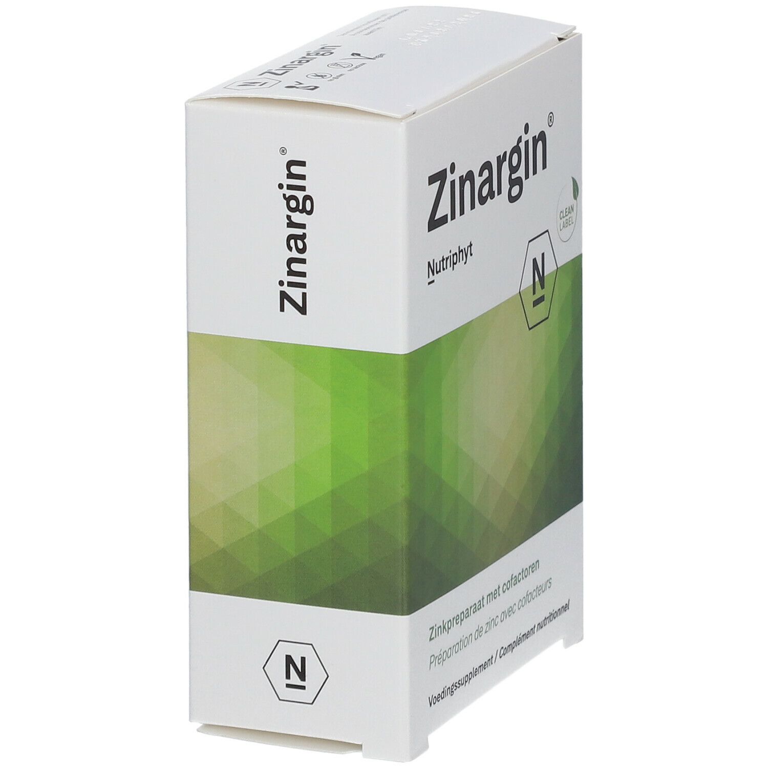 Witte doos met "Zinargin". Groen-witte achtergrond. "Clean Label" logo.