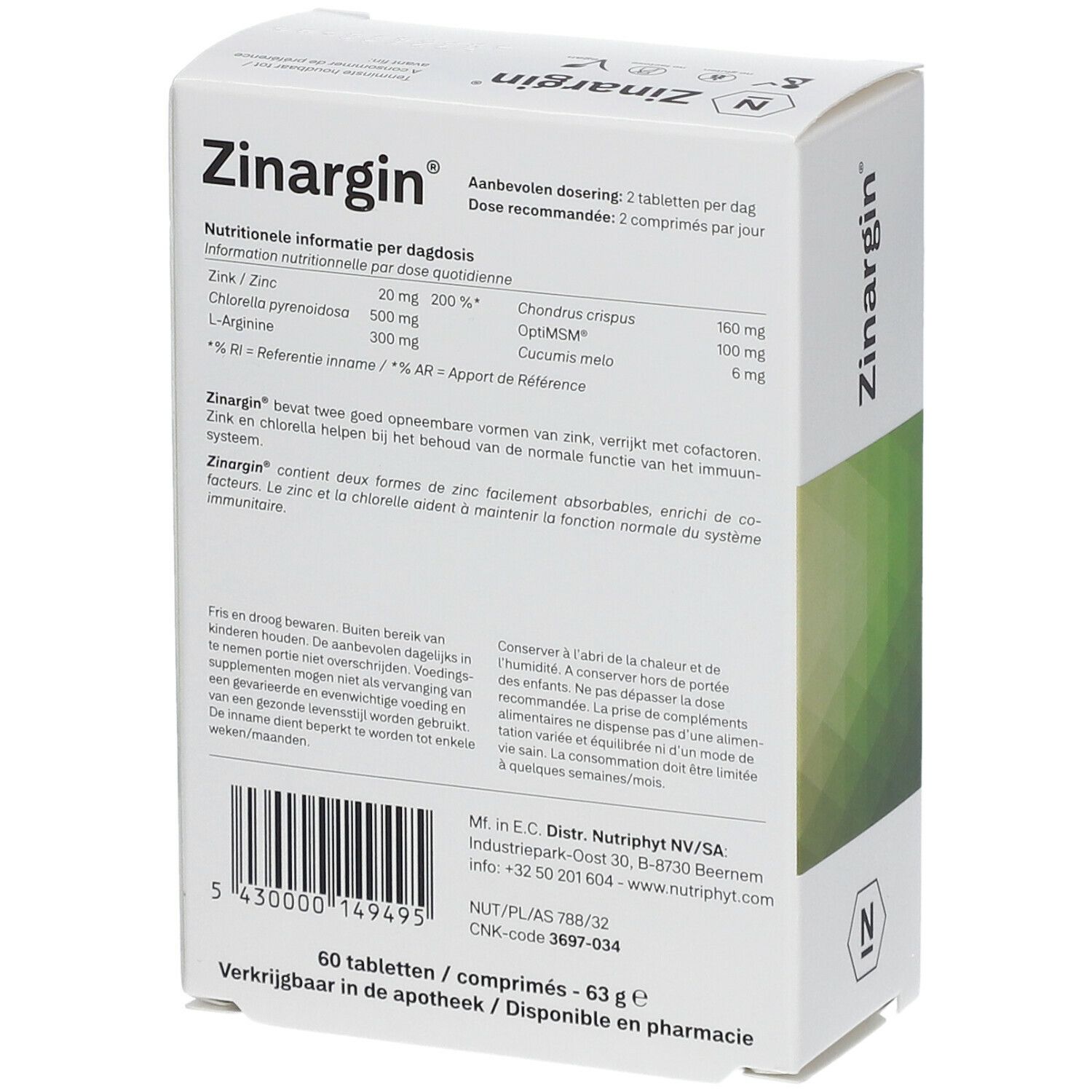 Achterkant van de witte "Zinargin" doos. Tekst met voedingswaarde, dosering en ingrediënten.