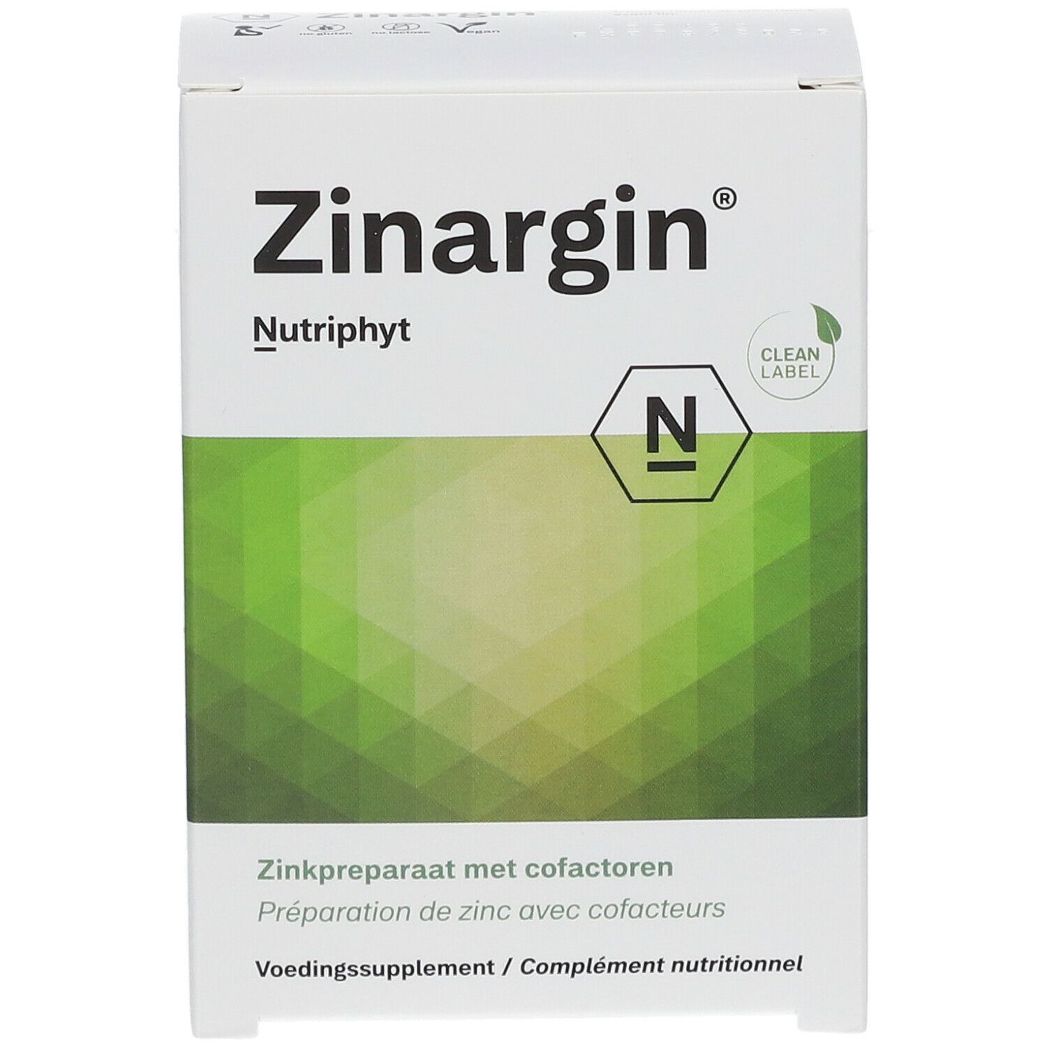 Witte "Zinargin" doos met "Nutriphyt". Groen-witte achtergrond. "Clean Label" logo.