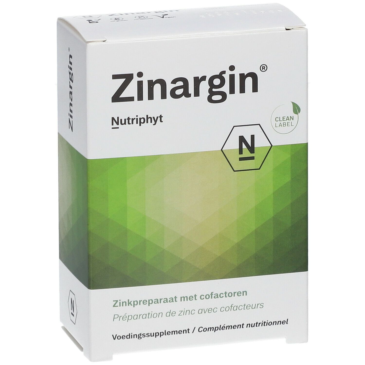 Witte "Zinargin" doos met "Nutriphyt". Groen-witte achtergrond. "Clean Label" logo.