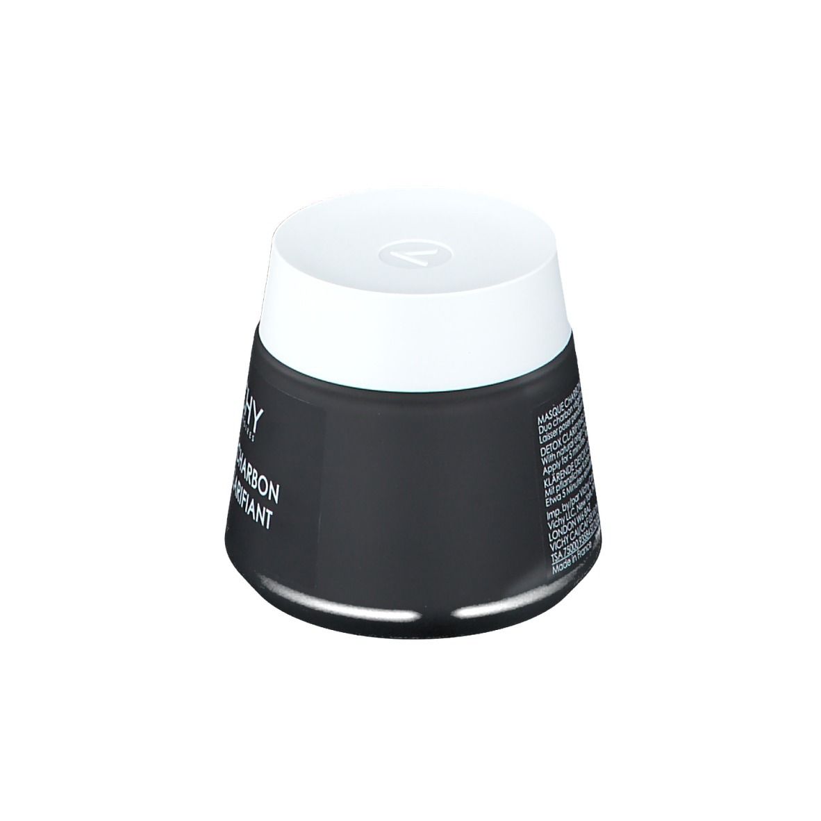Pot noir avec couvercle blanc. Inscription: VICHY, Masque Charbon Detox Clarifiant.