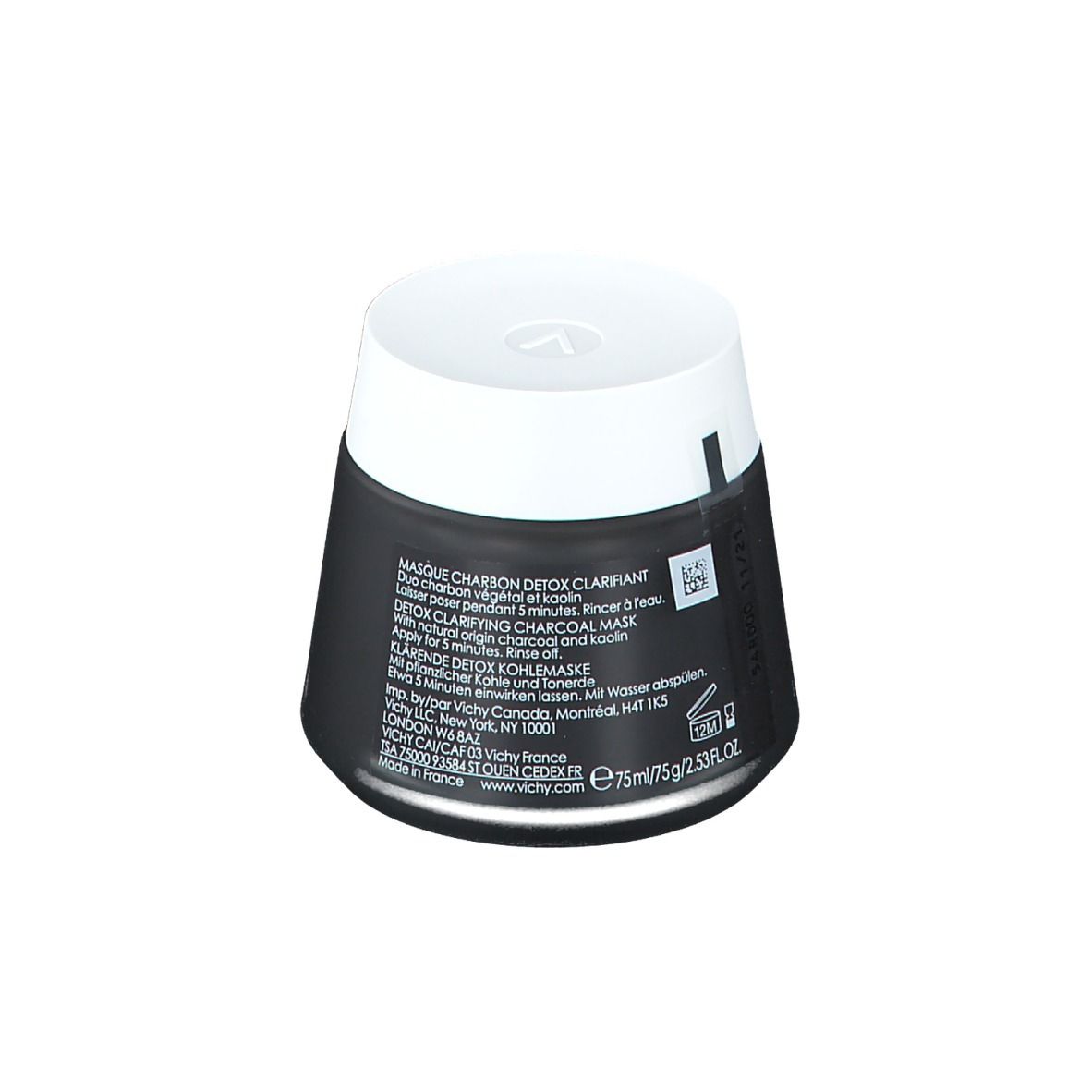 Pot noir avec couvercle blanc. Inscription: VICHY, Masque Charbon Detox Clarifiant. Texte latéral.
