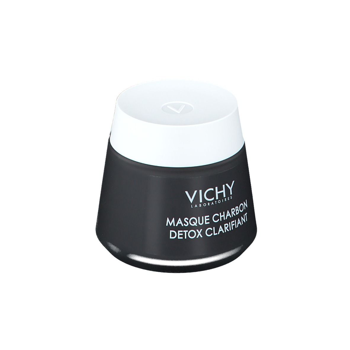 Pot noir avec couvercle blanc. Inscription: VICHY, Masque Charbon Detox Clarifiant.
