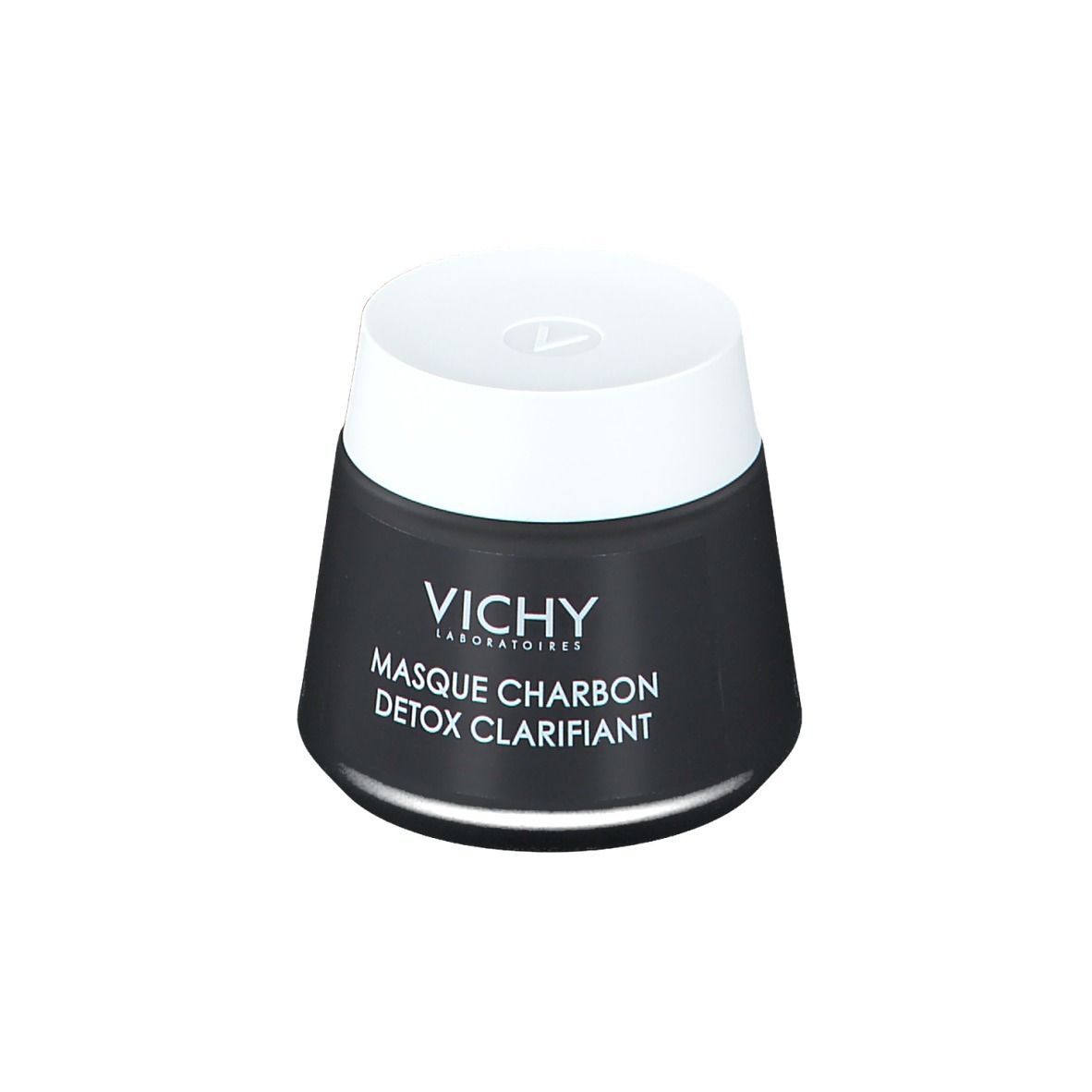 Pot noir avec couvercle blanc. Inscription: VICHY, Masque Charbon Detox Clarifiant.