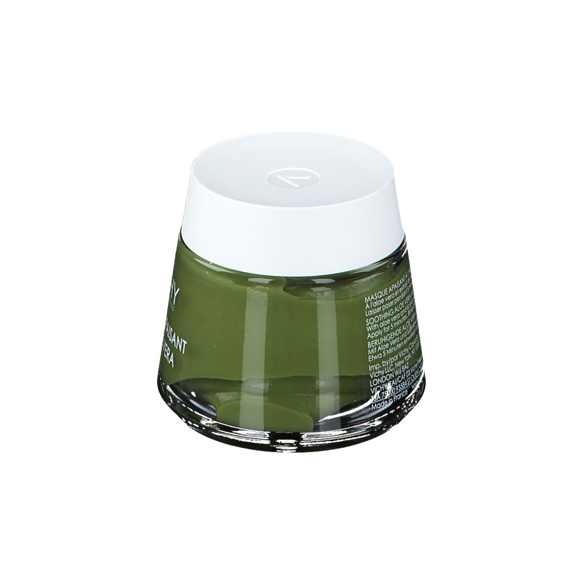 Crème verte en pot avec couvercle blanc. Inscription: VICHY, Masque apaisant à l'aloe vera.