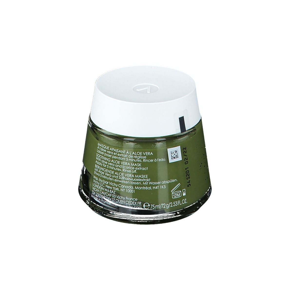 Crème verte en pot avec couvercle blanc. Inscription: VICHY, Masque apaisant à l'aloe vera. Texte au dos.